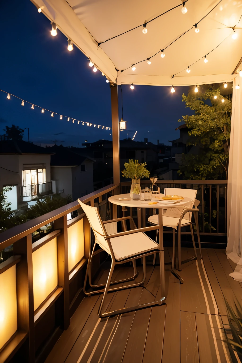 With table、Balcony with chairs and umbrella、Colored Lighting、Colored Lights、outdoor lighting、Color string lights、 outdoor lighting, Colored Lights
