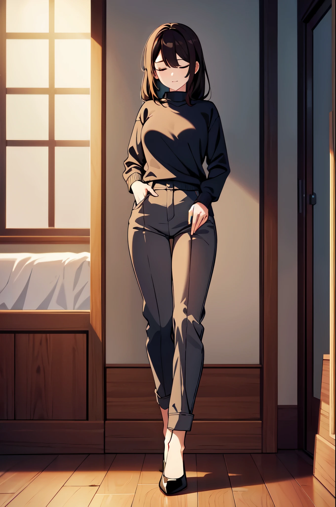 masterpiece, 32k, extremely detailed, finely detail, intricate details, 
BREAK
(absurdres:1.1, highres:1.1, ultra detailed:1.1),
insanely detailed, absurdres, 
(high resolution:1.1, ray tracing:1.1, refraction:1.1)
(1woman, solo:1.3),  
ultra beautiful face, ultra beautiful,
BREAK
perfect symmetrical face, (half close eyes1.5, sleepy face2), black eyes
sweatshirt, brown hair, pant
BREAK
standing, (((full body))), 
BREAK