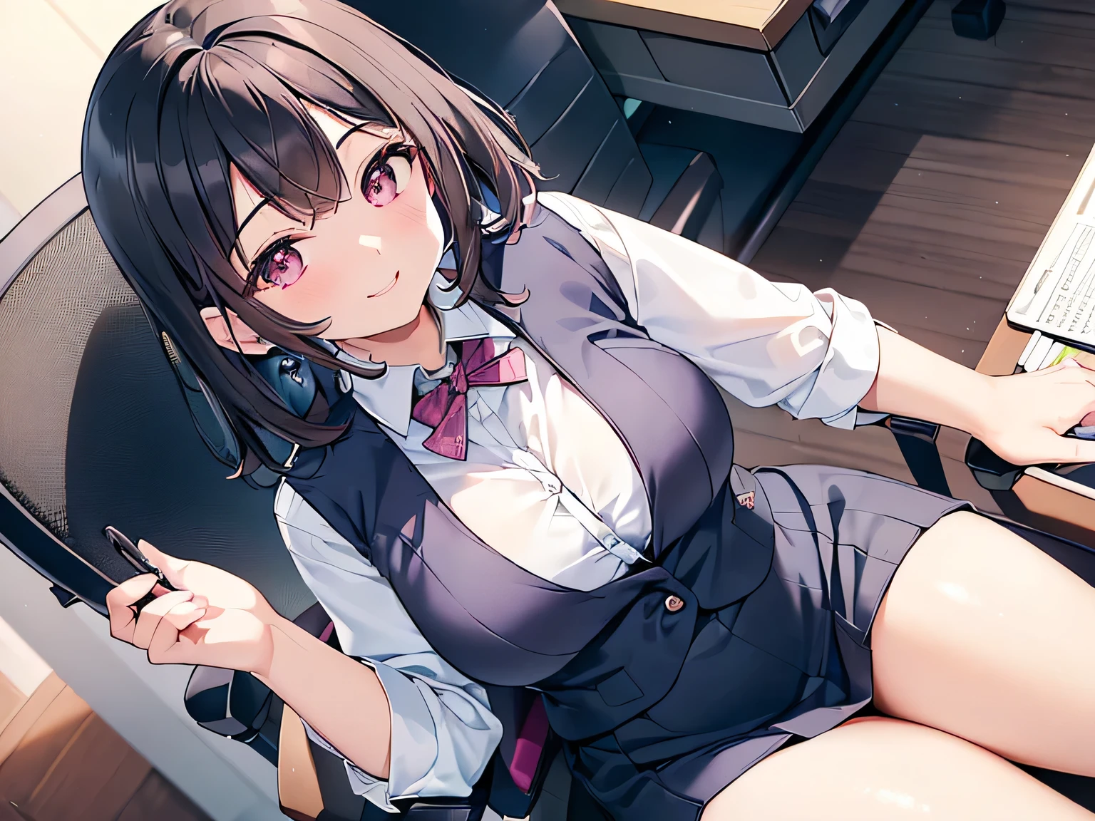 (Masterpiece, highest quality, high resolution, realistic photo, realistic skin: 1.1),
(Woman sitting in company mesh office chair working: 1.5),
(Smiling face: 1.5),
(She is wearing the company uniform of a white shirt, navy blue vest with open front buttons, and a navy blue tight skirt: 1.8),
(She is wearing black pumps on her feet: 1.5),
(Panties are pink with a pink pattern: 1.5),
(Black hair, medium length: 1.5),
(Location: Mesh office chair at work: 1.5),
1 Japanese Female, Solo, Full-Bodied Esbian, Beautiful Eyes, Glowing Eyes, Glowing Thighs, NSFW