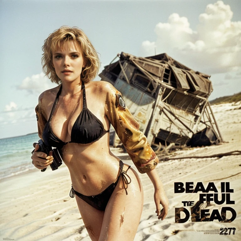 Beach of the Dead - original motion picture soundtrack, horror film, A beautiful woman in a bikini swimsuit stands in a full-body pose in the center, In the background is a spooky deserted island beach with a sexy female companion holding a gun、Spooky atmosphere、soundtrack jacket、Digitally Remastered, Kinematics」, John Maggs, Roy Dargano, Movie Posters, Album cover, 1 9 7 0 sMovie Posters, Oil painting