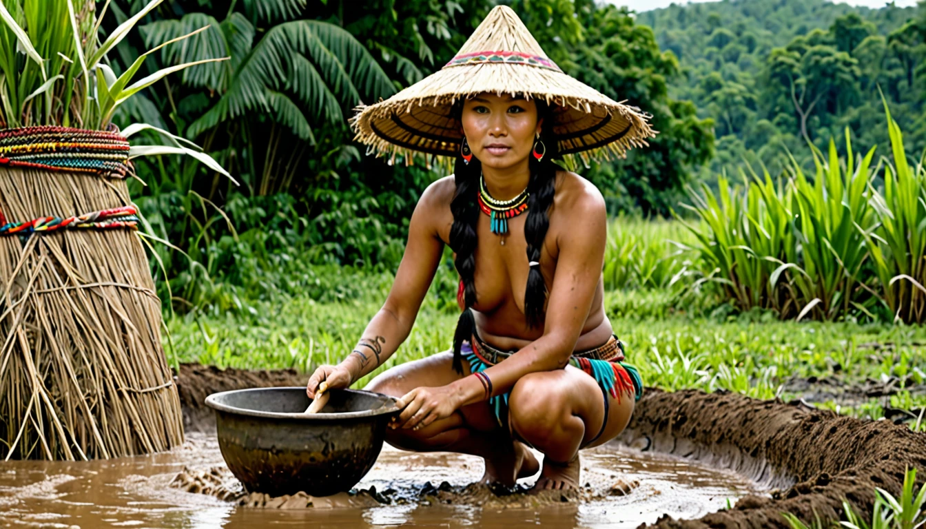 (best quality,4k,8k,highres,masterpiece:1.2),ultra-detailed,(realistic,photorealistic,photo-realistic:1.37),full body portrait of beautiful native tribal women in muddy primitive farm:1.2,(pounding vegetables into a mush in a large mortar and pestle)(primitive straw broad rim hat, colorful tribal belt, unclad, some tribal tattooing and body paint, confidence, big natural breast), (vivid colors, outdoors, green pastures). (head to toe, show all of her0