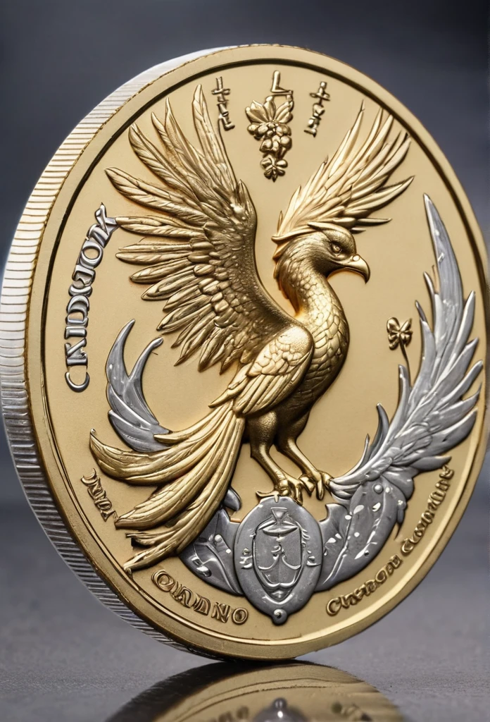 Moneda dorada con detalles plateados, on one side a phoenix and the name: "Cydaneria Kingdom", y del otro lado el mismo texto pero de imagen una monarca de perfil (mujer) con corona