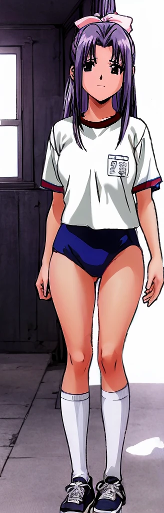 Momoko Koigakubo, a tall girl with beautiful legs, is standing with her mouth open in a white gym uniform and light navy blue bloomers that look like panties.。