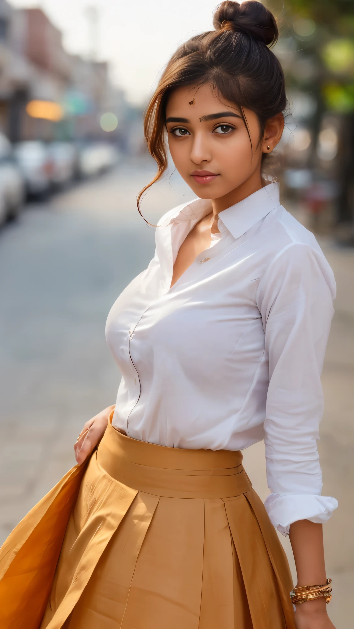 masterpiece), (best quality:1.7), (finely detailed eyes and detailed face), (detail:1.3, best quality, (ultra-detailed), (an extremely delicate and beautiful),cinematic light,dynamic angle,floating, (best quality:1.3),((disheveled hair,free hair,long hair( beautiful detailed eyes:1.1), Indian teen girl, 30 year Tamil girl, (wearing shirt , long skirt),street background, Bokeh, , very big round breast , side pose looking at viewer, hair bun, beautiful round face