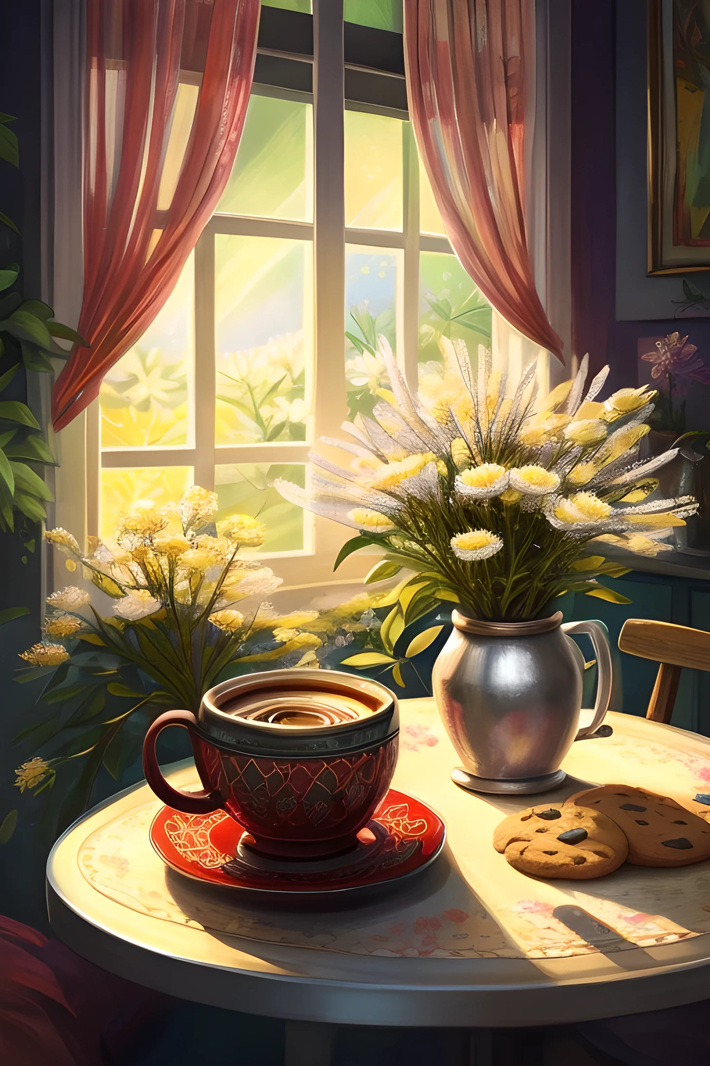 Create a photorealistic image in dark colors. (white, red, yellow asters) along with peonies and greenery in a silver cup, on a cafe table with a cup of coffee and cookies, a lot of details. pastel shades. expressionism. Light sunny home space background, where you can see knitted toys. Warmth and comfort. Fabulous atmosphere.