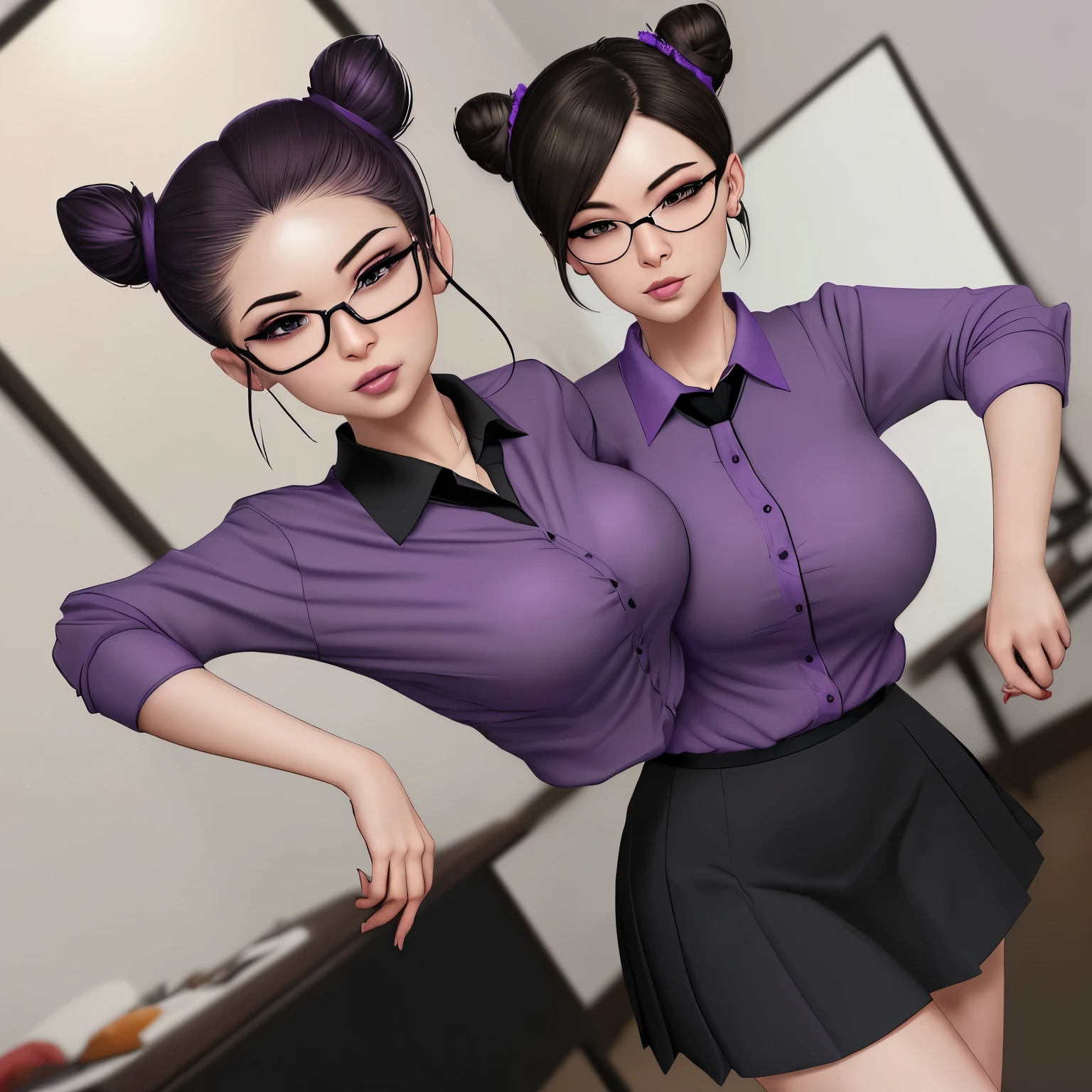 (purple shirt:1.3), (black skirt:1.3), (collared shirt:1.3), eyelashes, face, lips, looking at viewer, nose, teeth, realistic, solo, (school uniform, mature female, purple shirt, purple blouse, black skirt, milf), (infirmary, doctors office, college) (elf ears, thick neck, chubby cheeks, (large breasts:1.1), massive , (blond hair1.3), pulled back, high bun, semi-rimless eyewear, Asian-Less, Asian-Less-Toon