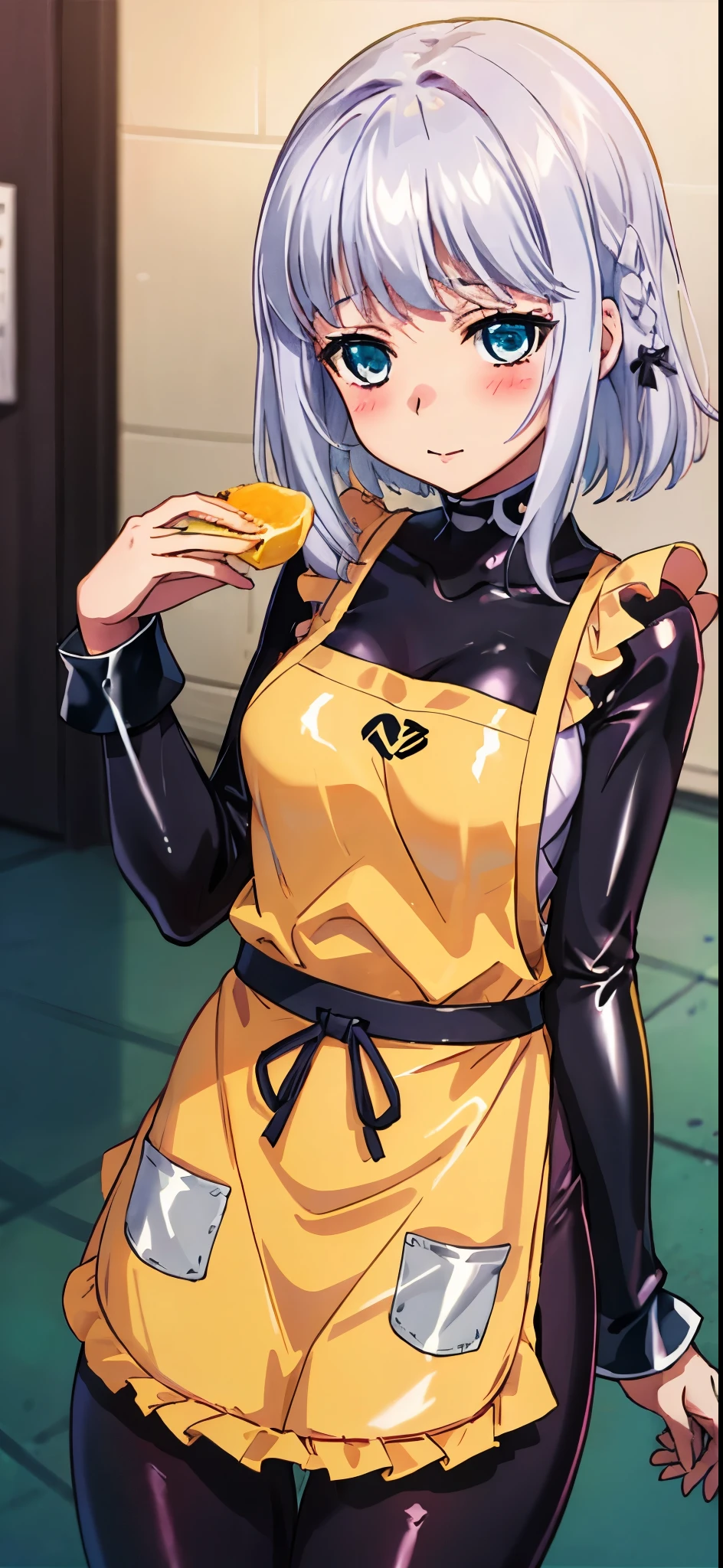 1 girl, kanon kanase, blush, medium , sleeveless,((cowboy_shot, latex apron, bodysuit)), 20-year-old, healthy skin.