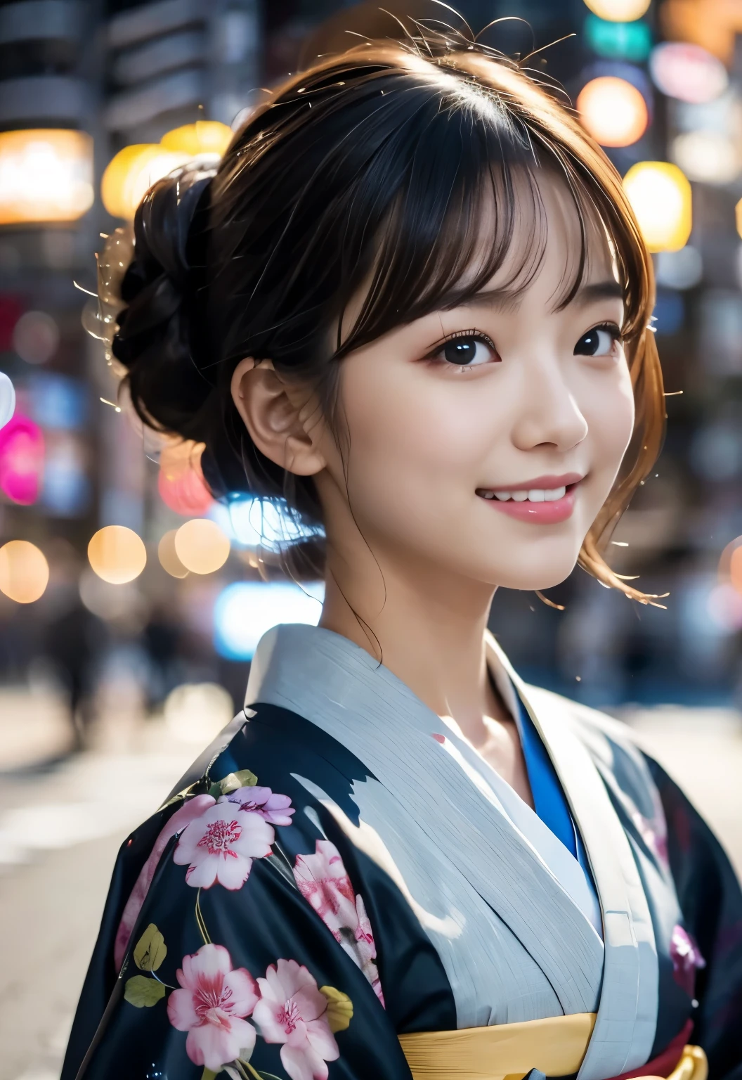 masterpiece, best quality:1.1), (8k, raw photo, photo realistic:1.2, f22), (shiny skin), detailed skin,Bun Hair,detailed face, detailed eyes,smile,BREAK, real world, intricate details, smil, BREAK, 1girl, full body,(kimono),BREAK, (tokyo:1.4), BREAK