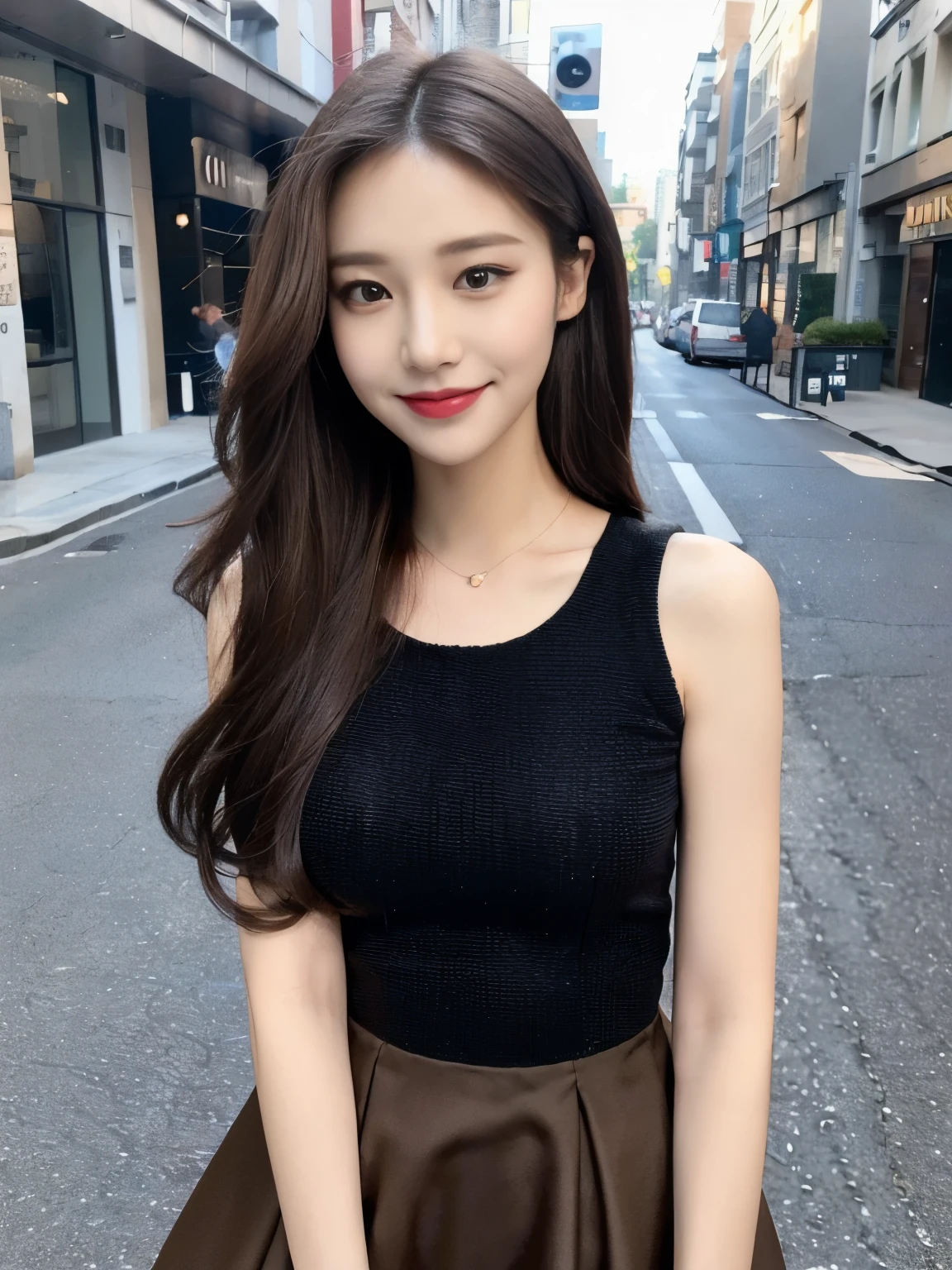((Best quality, 8k, Masterpiece :1.3)), 1girl, smiling, full body, slim face, Pretty woman, (Dark brown hair), full length dress :1.1, Ultra-detailed face, Detailed eyes, Double eyelid, blur background, slim face, city, outside, street,medium breasts, (Random body direction),