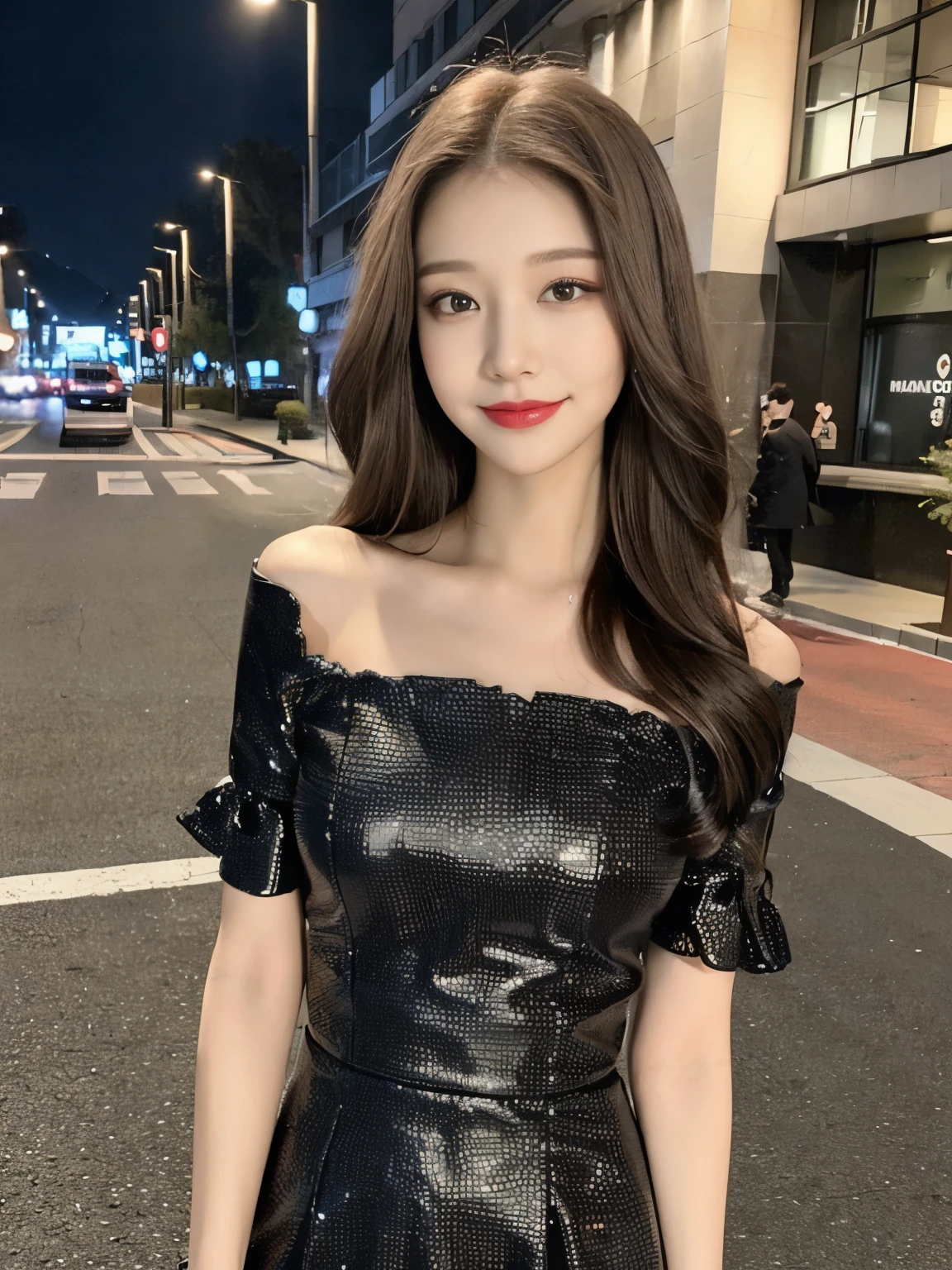 ((Best quality, 8k, Masterpiece :1.3)), 1girl, smiling, full body, slim face, Pretty woman, (Dark brown hair), full length dress :1.1, Ultra-detailed face, Detailed eyes, Double eyelid, blur background, slim face, city, outside, street,medium breasts, (Random body direction),