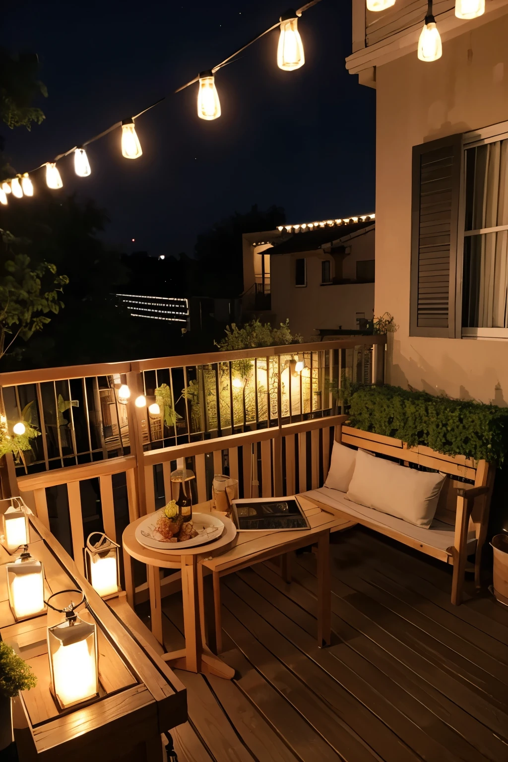 With table、Balcony with swing、Colored Lighting、Colored Lights、outdoor lighting、Color string lights、 outdoor lighting, Colored Lights
