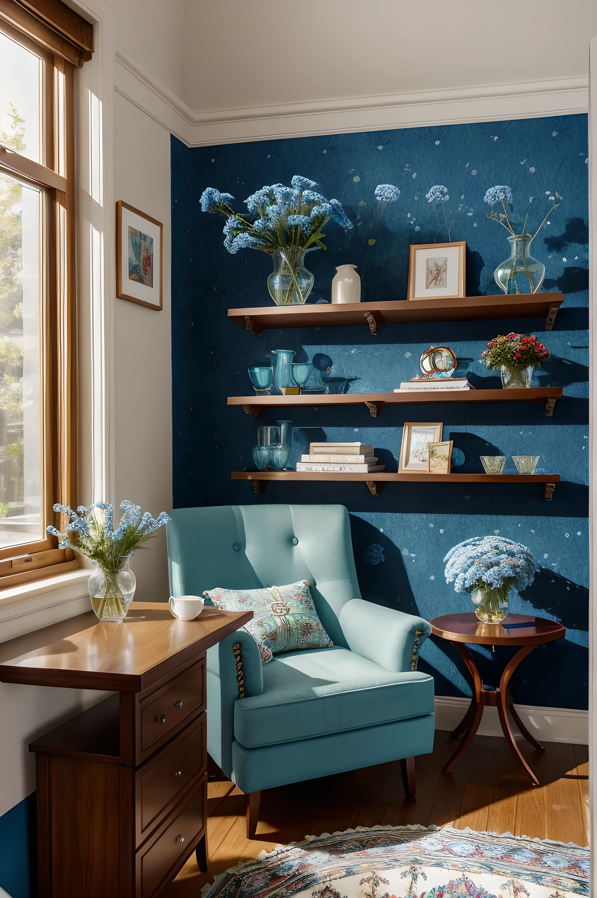 Style by Torkil Gudnason, Forget-me-nots and red asters in one Bohemian glass crystal vase, latte in a large mug on the table, lettuce sandwich and chocolate chip cookies, the whole composition in one frame, bookshelves in the background , knitted toys, Lots of cozy home space with armchair and wallpaper. Morning light with rays from the side.
