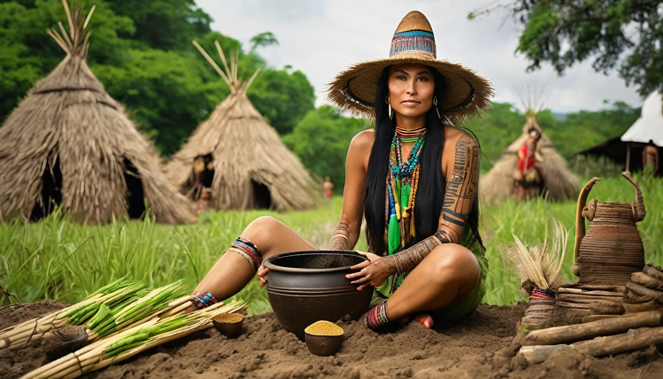 (best quality,4k,8k,highres,masterpiece:1.2),ultra-detailed,(realistic,photorealistic,photo-realistic:1.37),full body portrait of beautiful native tribal women in muddy primitive farm:1.2,(pounding vegetables into a mush in a large mortar and pestle)(primitive straw broad rim hat, colorful tribal belt, unclad, some tribal tattooing and body paint, confidence, big natural breast), (vivid colors, outdoors, green pastures). (head to toe, show all of her0