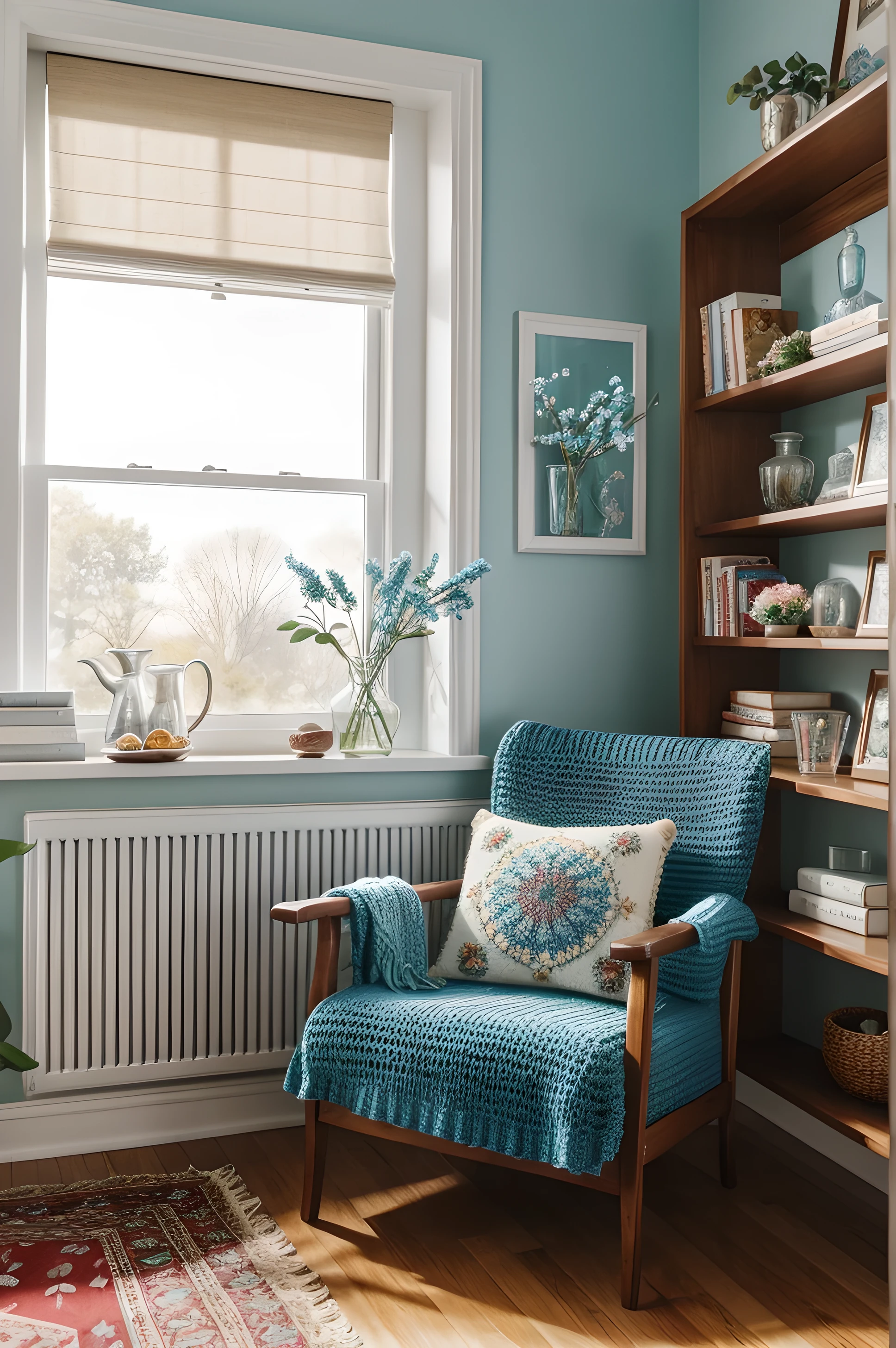 Style by Torkil Gudnason, Forget-me-nots and red asters in one Bohemian glass crystal vase, latte in a large mug on the table, lettuce sandwich and chocolate chip cookies, the whole composition in one frame, bookshelves in the background , knitted toys, Lots of cozy home space with armchair and wallpaper. Morning light with rays from the side.