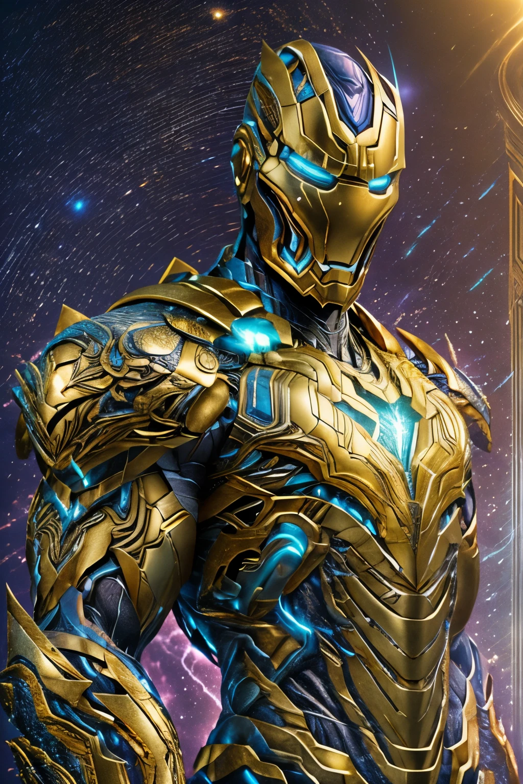 A breathtakingly realistic:1.0, hyper-realistic:1.2 illustration of Iron Man from Marvel, meticulously crafted with intricate detail. Adorned with the Infinity Stones and wielding Thor's legendary hammer, Mjolnir,, the Iron Man suit gleams in gold, purple, and neon blue armor. Intricate designs adorn the armor's surface, with each line and curve carefully rendered. The Infinity Stones glow brightly on his chest, casting an ethereal light upon his metallic form. Thor's hammer seems to be seamlessly fused with the suit, its powerful cosmic energy emanating from the illustration. 