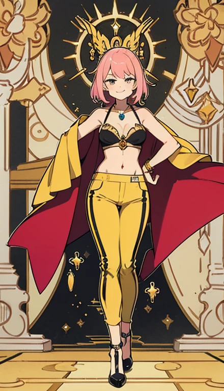 A smug narcissistic pink haired woman wearing a golden bra and golden pants and lots of jewelry flaunting herself