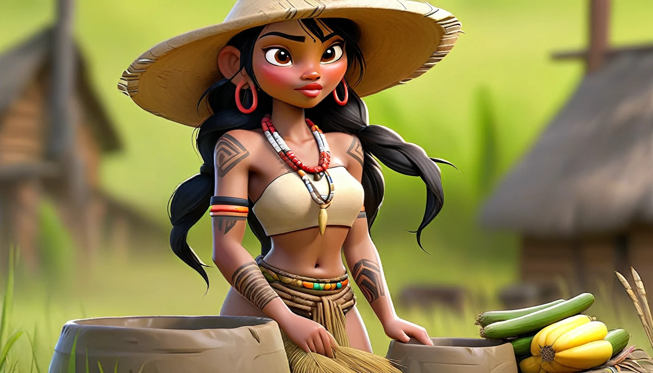 (best quality,4k,8k,highres,masterpiece:1.2),ultra-detailed,(realistic,photorealistic,photo-realistic:1.37),full body portrait of beautiful native tribal women in muddy primitive farm:1.2,(pounding vegetables into a mush in a large mortar and pestle)(primitive straw broad rim hat, colorful tribal belt, unclad, some tribal tattooing and body paint, confidence, big natural breast), (vivid colors, outdoors, green pastures). (head to toe, show all of her0