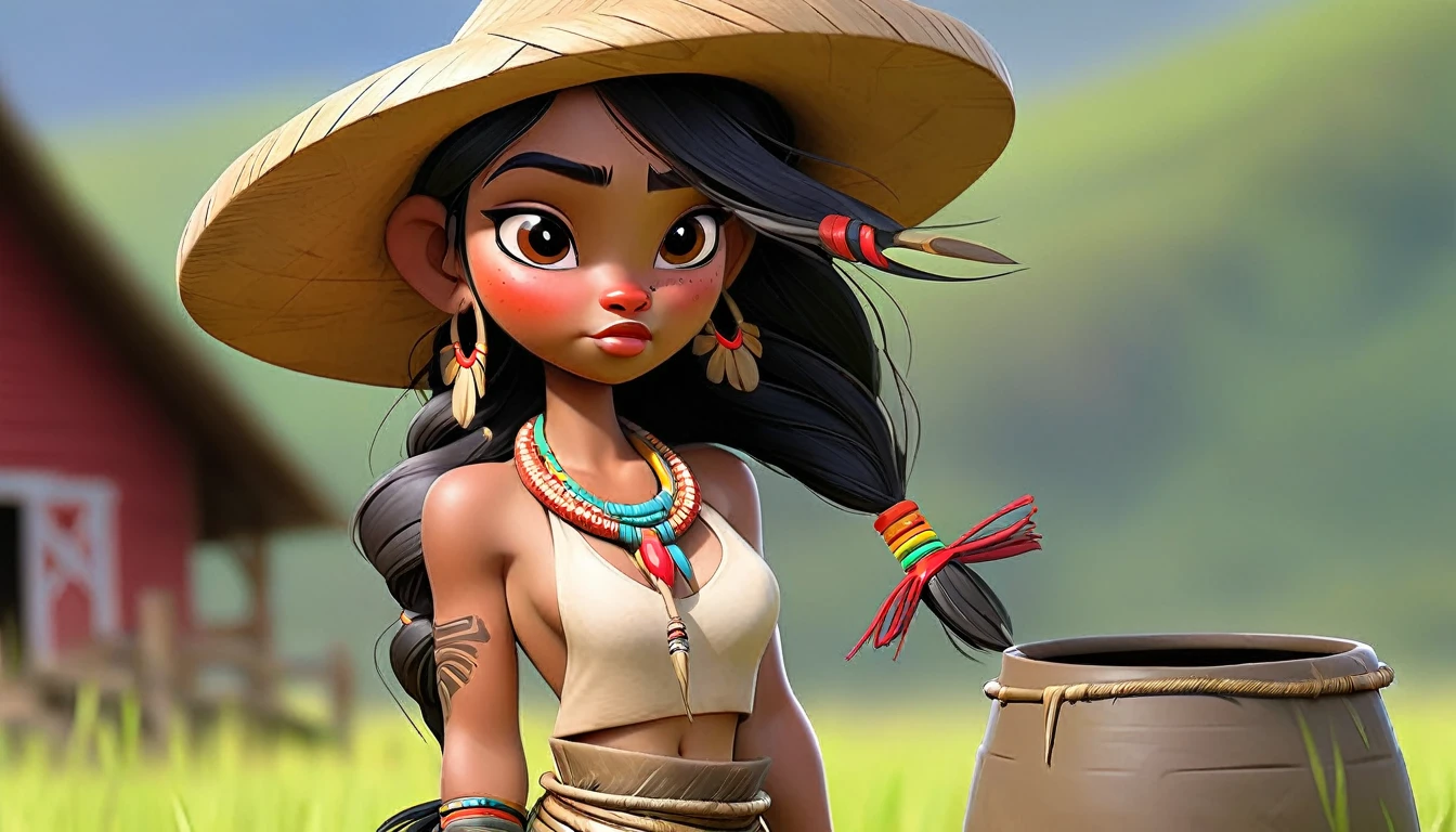 (best quality,4k,8k,highres,masterpiece:1.2),ultra-detailed,(realistic,photorealistic,photo-realistic:1.37),full body portrait of beautiful native tribal women in muddy primitive farm:1.2,(pounding vegetables into a mush in a large mortar and pestle)(primitive straw broad rim hat, colorful tribal belt, unclad, some tribal tattooing and body paint, confidence, big natural breast), (vivid colors, outdoors, green pastures). (head to toe, show all of her0
