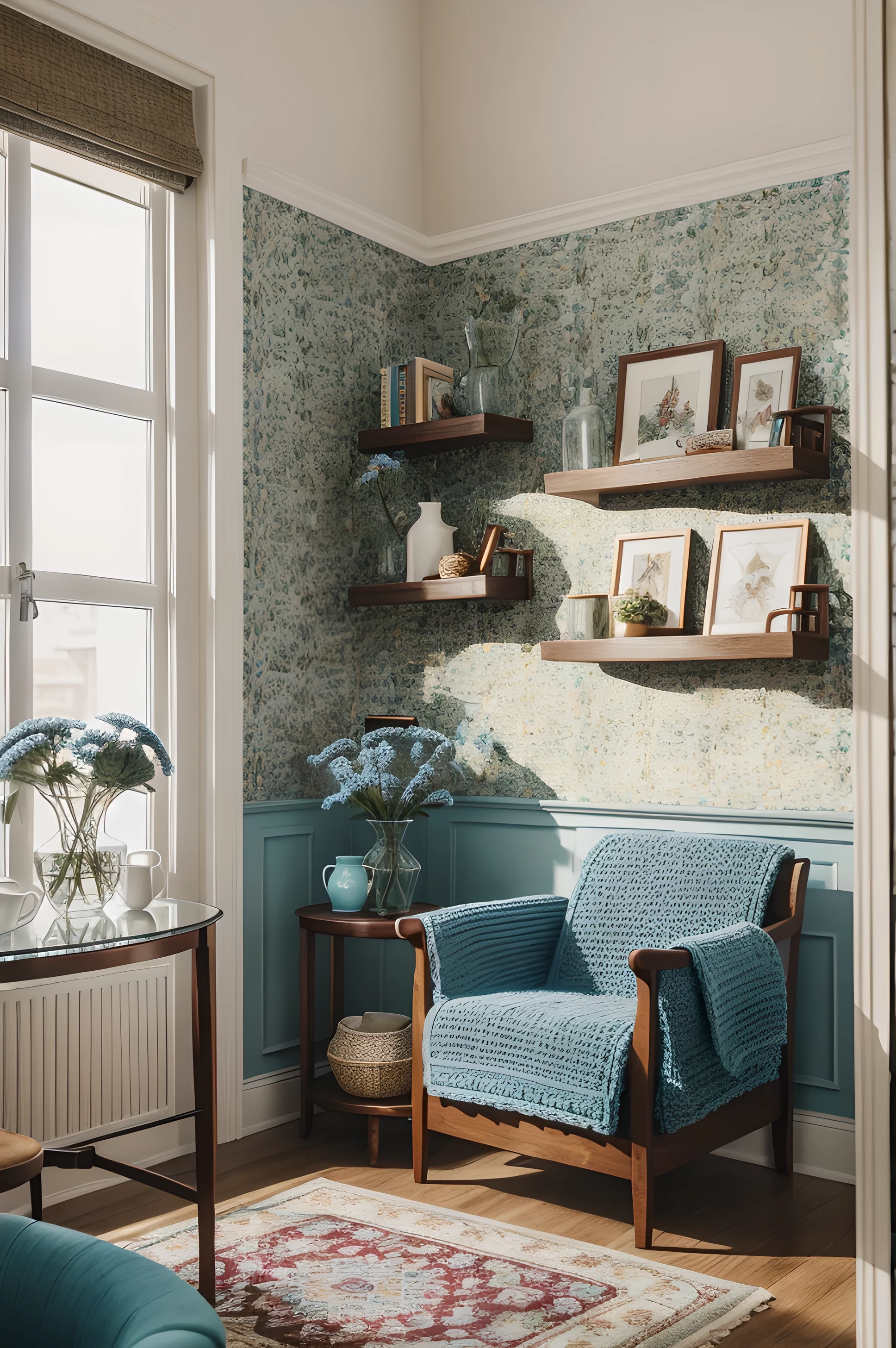 Style by Torkil Gudnason, Forget-me-nots and red asters in one Bohemian glass crystal vase, latte in a large mug on the table, lettuce sandwich and chocolate chip cookies, the whole composition in one frame, bookshelves in the background , knitted toys, Lots of cozy home space with armchair and wallpaper. Morning light with rays from the side.