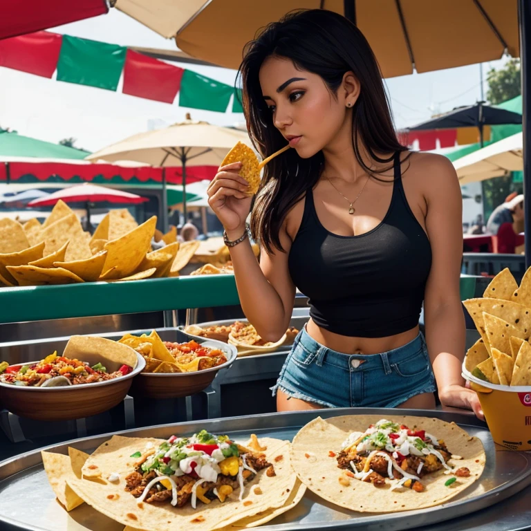 Mexican woman eating tacos, tortillas and nachos at a Mexican food stall Tight tank top and hot pants highest quality There's tequila and Corona beer on the table.