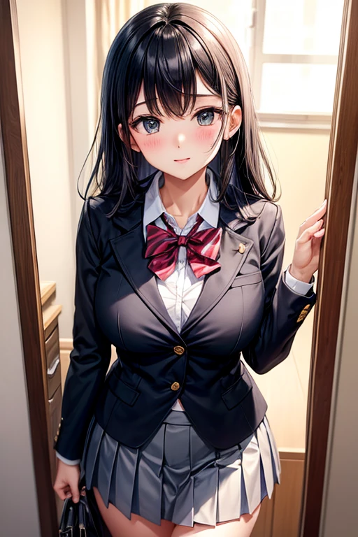 Masterpiece to the smallest detail、top-quality、1girl in、独奏、25-years old、170cm、Plump breasts、AAACup Breast、(Uneven chest:1.4)、Extraordinary beauty、Silky texture hair、Semi-long、Braids、Two-color mesh、Realistic eyes、Outstanding looks、Unclear、proximity、Closed_Mouth、A smile、red blush、full of shyness、Hats that look good、Hats、pink bowtie、校服、 Blue jacket、jaket、skirt by the、Gray pretz skirt、Cutter shirt、white shirt、an legs、Black socks、sitting on、s Office、hair_ornament detached、up looking_で_viewer、beatiful detailed eyes、Attractive gestures、panties on、seductiv、Professional effects、invite、Ignorant look、receptionist、Large Enterprise Building