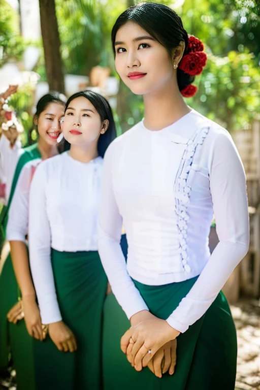 3 female teachers dressed in traditional Burmese school teacher uniforms are posing for a portrait. The image is of the highest quality, with a high-resolution, ultra-detailed, and realistic depiction of the teachers. The lighting in the studio is carefully set up to bring out the vivid colors of their attire and accessories. The portrait focuses on capturing the beautiful details of their eyes and lips, accentuating their natural beauty.
The teachers are dressed in traditional Burmese attire, consisting of elegant and authentic accessories. They are standing confidently with their natural and professional poses, showcasing the pride they have in their culture. The wooden background adds a touch of authenticity to the scene, while the subtle smiles on their faces reflect a relaxed and pleasant atmosphere.
Their well-groomed hair is adorned with colorful headscarves, which further enhance the overall aesthetic. The lighting is soft and brings out warm and inviting color tones, providing a traditional lighting effect that complements the scene. The teachers' focused attention creates an engaging and captivating atmosphere.
Overall, this portrait showcases three female teachers who are proud representatives of Burmese culture, highlighting the traditional attire, cultural elements, and the importance of education.
