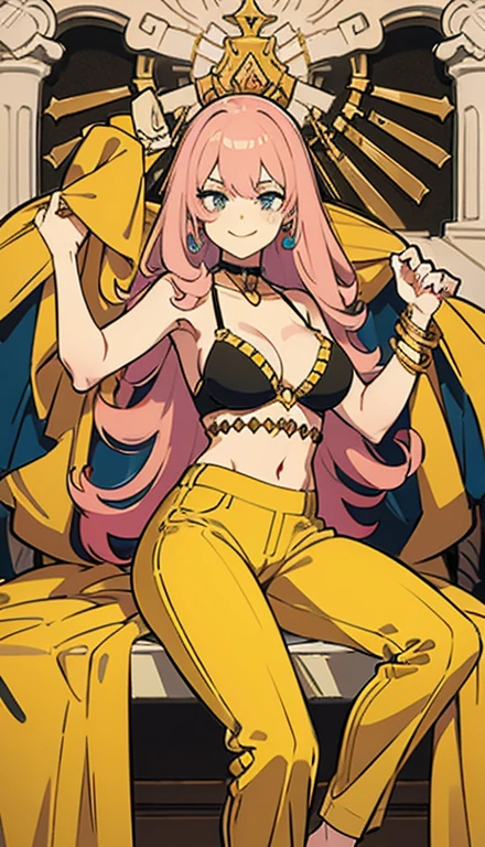 A smug narcissistic pink haired woman wearing a golden bra and golden pants and lots of jewelry flaunting herself
