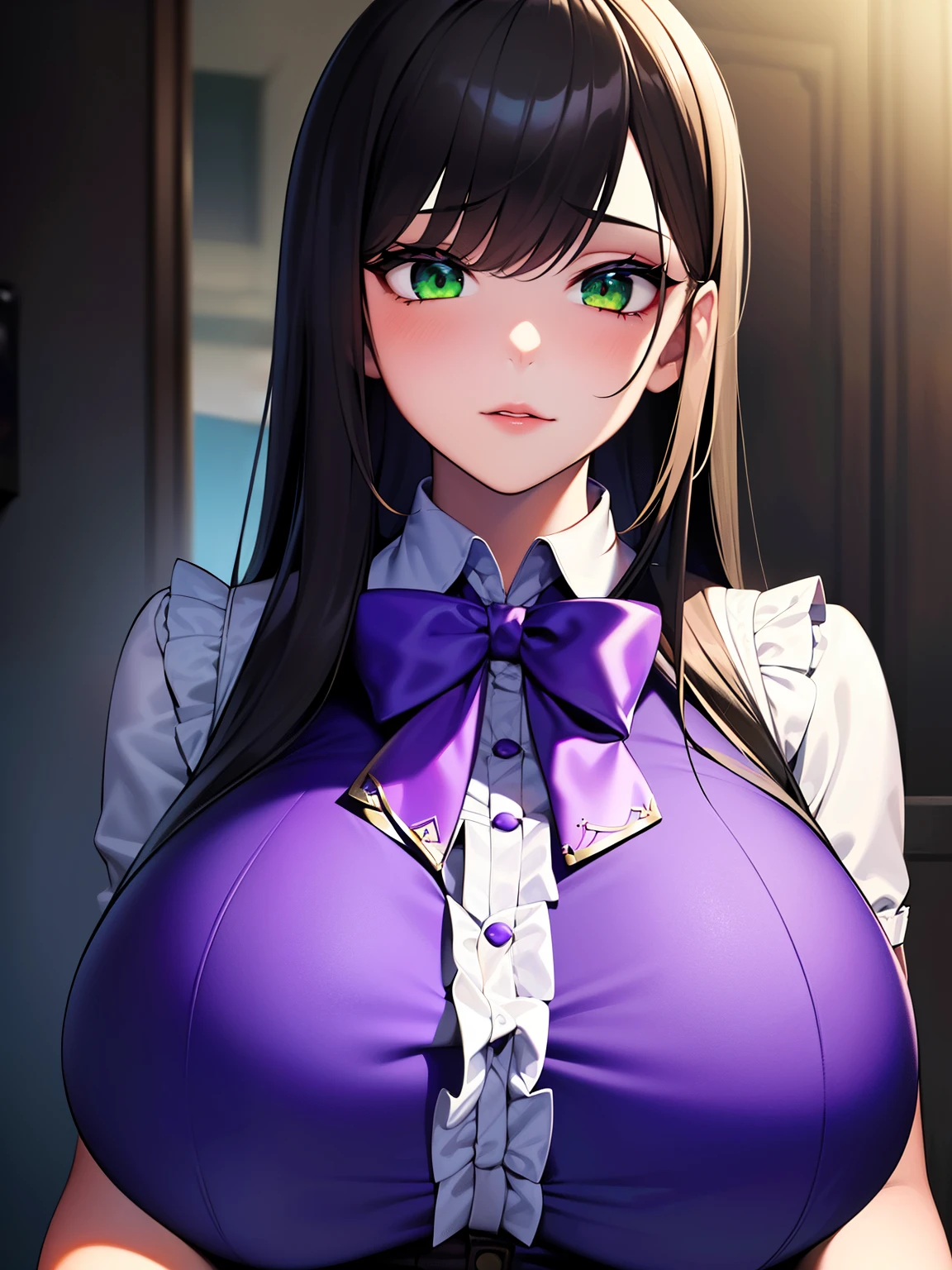 (8K, Best quality, tmasterpiece:1.2),\(eye detailed\),(\(Clothes detail details\)\),full bodyesbian,(huge tit),(Facial focus) ,Very detailed CG unity 8K wallpaper,hugefilesize,ultra - detailed,A high resolution,absurderes,beautidful eyes,Ray traching,dramatic shadow,finely detailled,Dramatic angles,Hyper-detailing,(1 girl:1.3),(Solo),,Mature female,Long hair black,Green eyes,Wearing(cosplaying_magical girl,very cute purple dress with ruffles,Large Ribbon Bow Tie Back),