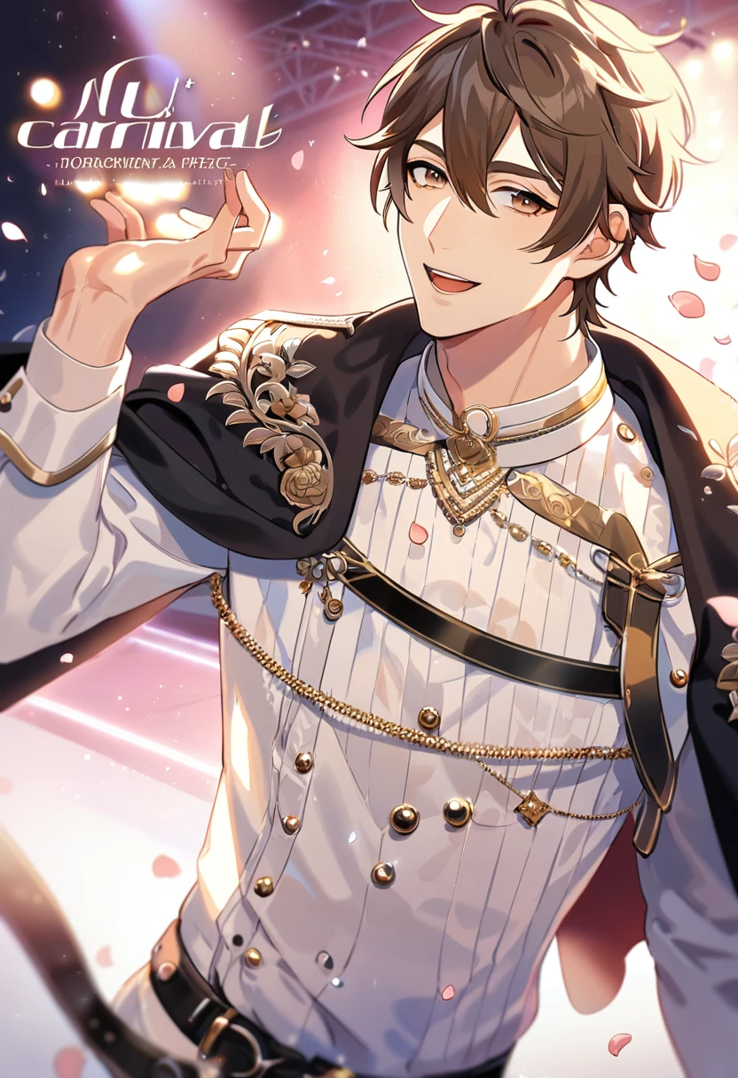 absurdres, highres, ultra detailed, HDR, master piece, best quality, perfect face, beautiful eyes, delicate features, Eiden, brown hair, expressive brown eyes, Nu Carnival, solo, sexy man, handsome, idol, idol white clothes, black belt, black cape, stage, lights, petals, flowers