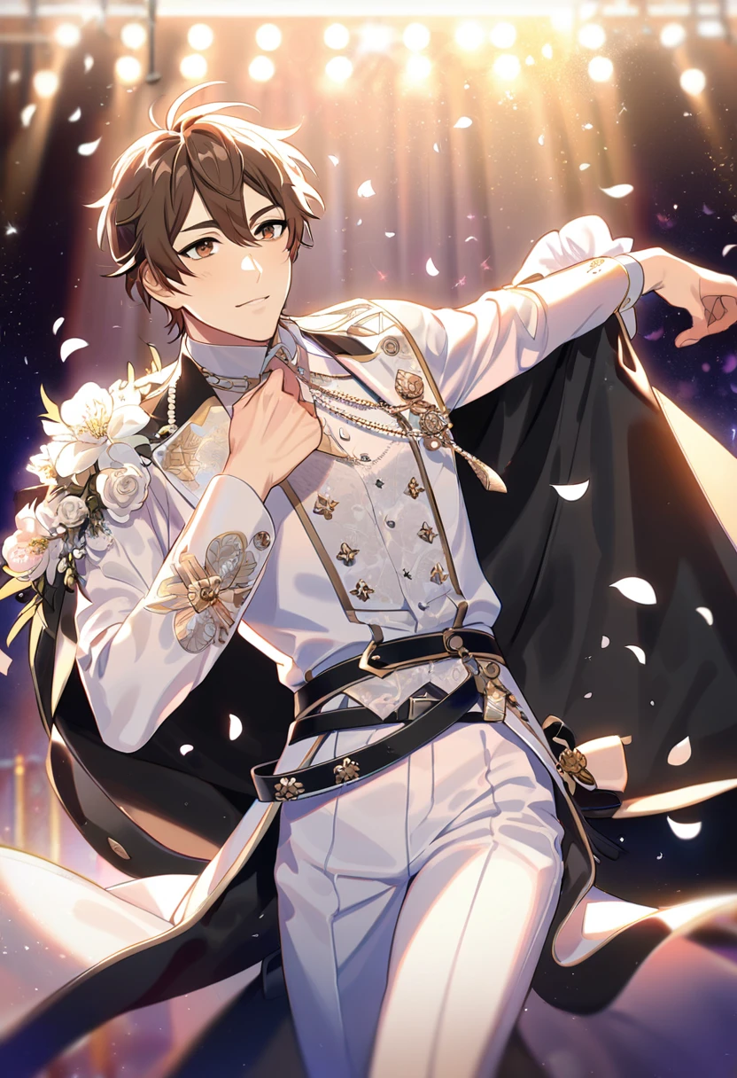 absurdres, highres, ultra detailed, HDR, master piece, best quality, perfect face, beautiful eyes, delicate features, Eiden, brown hair, expressive brown eyes, Nu Carnival, solo, sexy man, handsome, idol, idol white clothes, black belt, black cape, stage, lights, petals, flowers