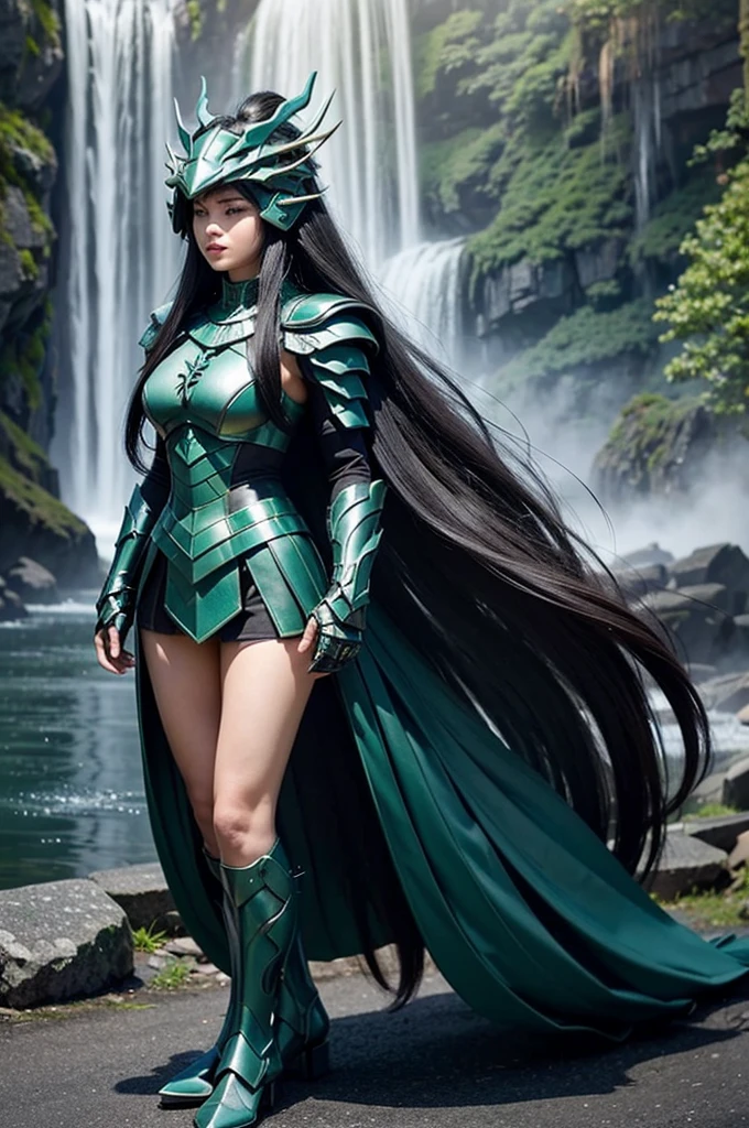 beautiful detail, best quality, 8k, highly detailed face and skin texture, high resolution, black long hair girl in white short sleeve and green metalic armor, wearing dragon head helmet, standing under waterfall, full body, sharp focus