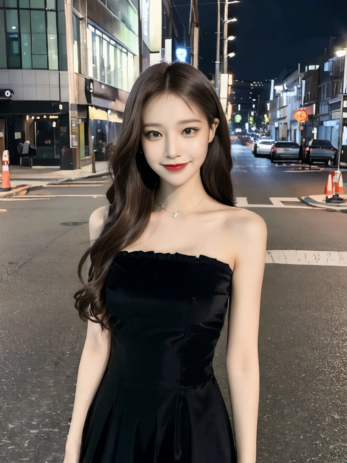 ((Best quality, 8k, Masterpiece :1.3)), 1girl, smiling, full body, slim face, Pretty woman, (Dark brown hair), full length dress :1.1, Ultra-detailed face, Detailed eyes, Double eyelid,  blur background, slim face, city, outside, street,medium breasts, (Random body direction), 