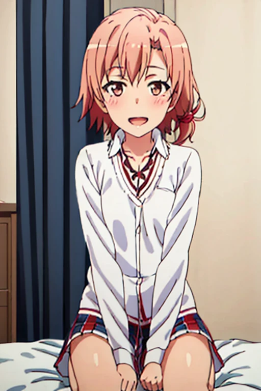 ((highest quality)), ((masterpiece)), (be familiar with), Perfect Face, indoor, Bedroom, Watching the audience,
One woman, Yuigahama Yui,
Open Mouth, Ecstatic expression, blush, smile,
Small breasts, Flat Chest, Young Girl, , , Girl,
Short Hair, Salmon-colored hair, Salmon-colored eyes, Side Pony,
Leg spread,
