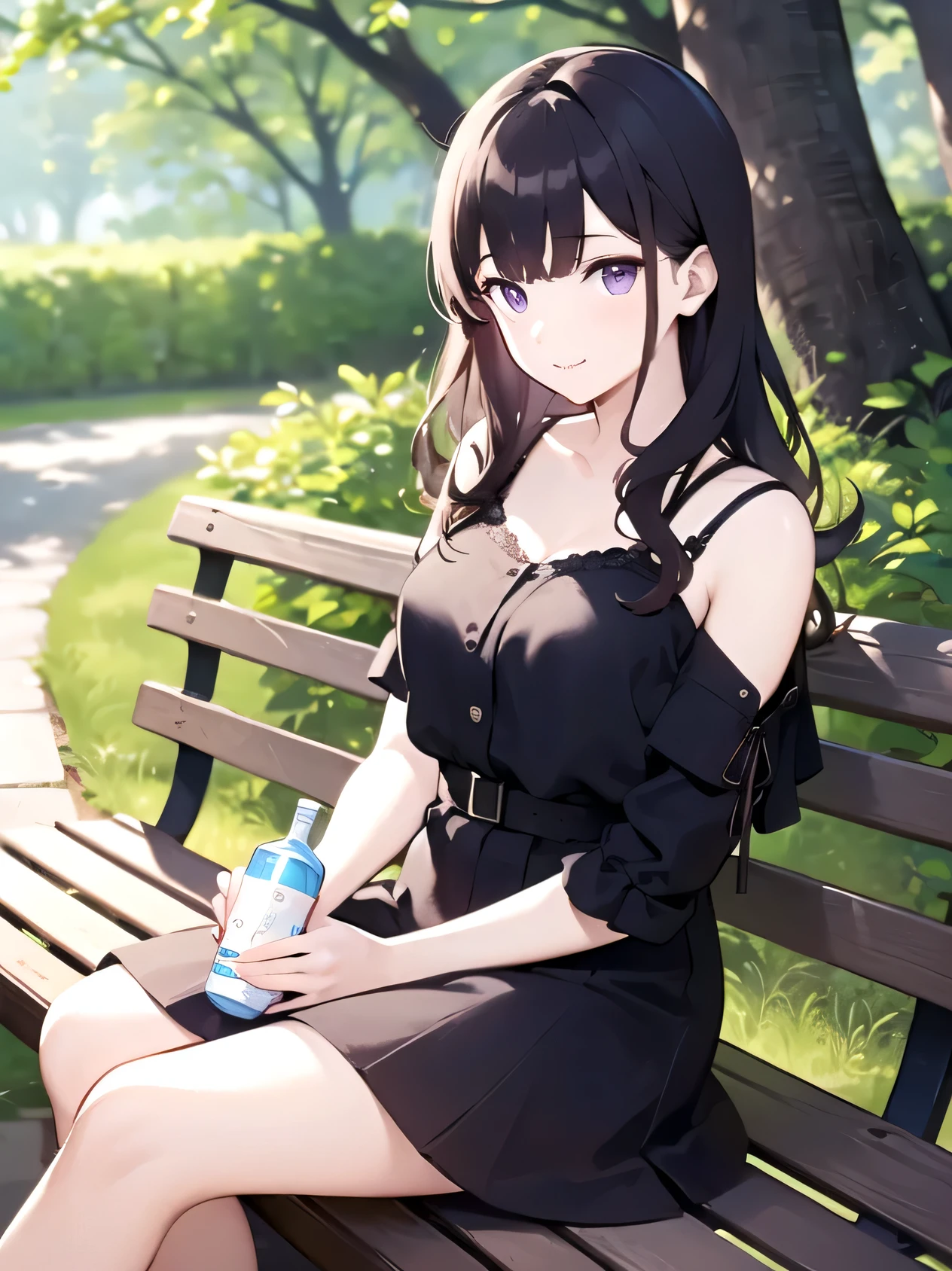 hand between legs、 Sitting on a bench、Upper Body, Realistic, Real person, (Pale skin: 1.2), RAW Photos, Realistic, Portrait Photography, Shiny skin, Japanese Idols、Shiny Hair、(A 33-year-old woman with medium-length wavy hair and bangs) and (Black Hair) and (Purple eyes) ,(pastel pink dress:1.5)、(smile)and(Holding a plastic bottle of tea in hand:1.5)、The background is a park、alone、Are standing