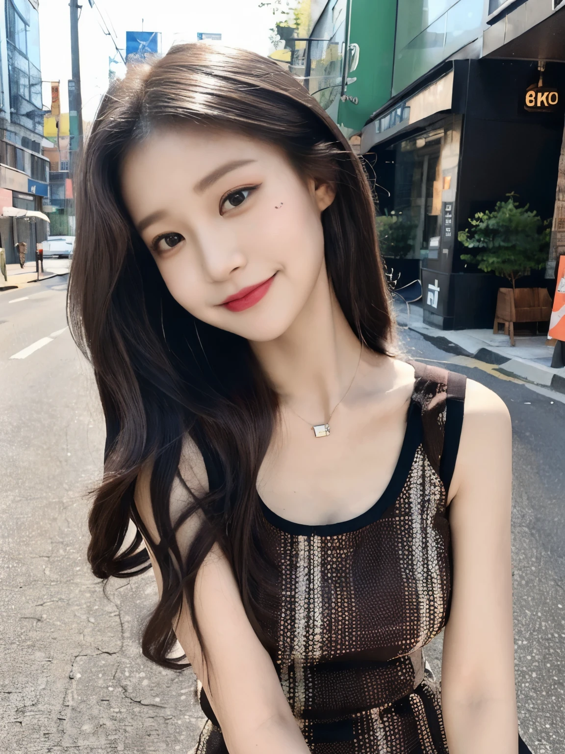 ((Best quality, 8k, Masterpiece :1.3)), 1girl, smiling, full body, slim face, Pretty woman, (Dark brown hair), full length dress :1.1, Ultra-detailed face, Detailed eyes, Double eyelid, blur background, slim face, city, outside, street,medium breasts, (Random body direction),
