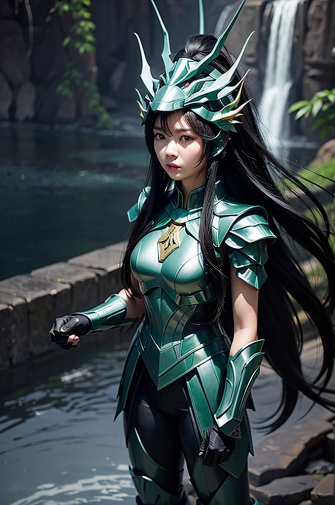 beautiful detail, best quality, 8k, highly detailed face and skin texture, high resolution, black long hair chinese girl in white short sleeve and green metalic armor, wearing dragon head helmet, standing under waterfall, full body, sharp focus