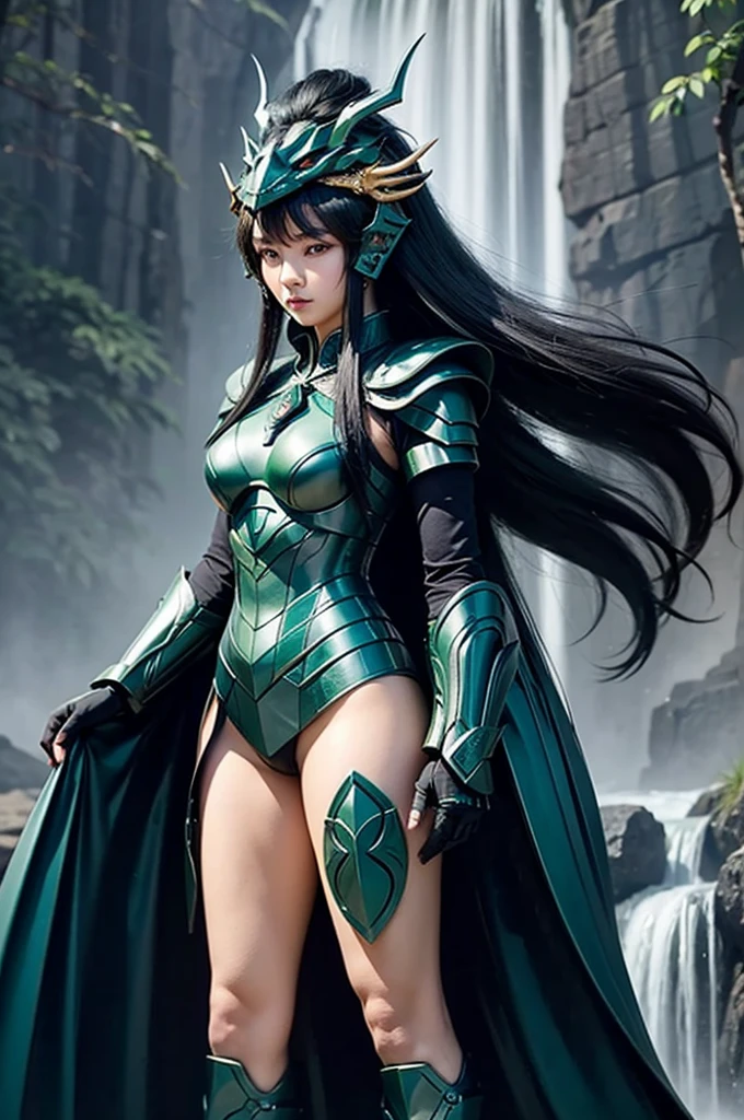 beautiful detail, best quality, 8k, highly detailed face and skin texture, high resolution, black long hair chinese girl in white short sleeve and green metalic armor, wearing dragon head helmet, standing under waterfall, full body, sharp focus