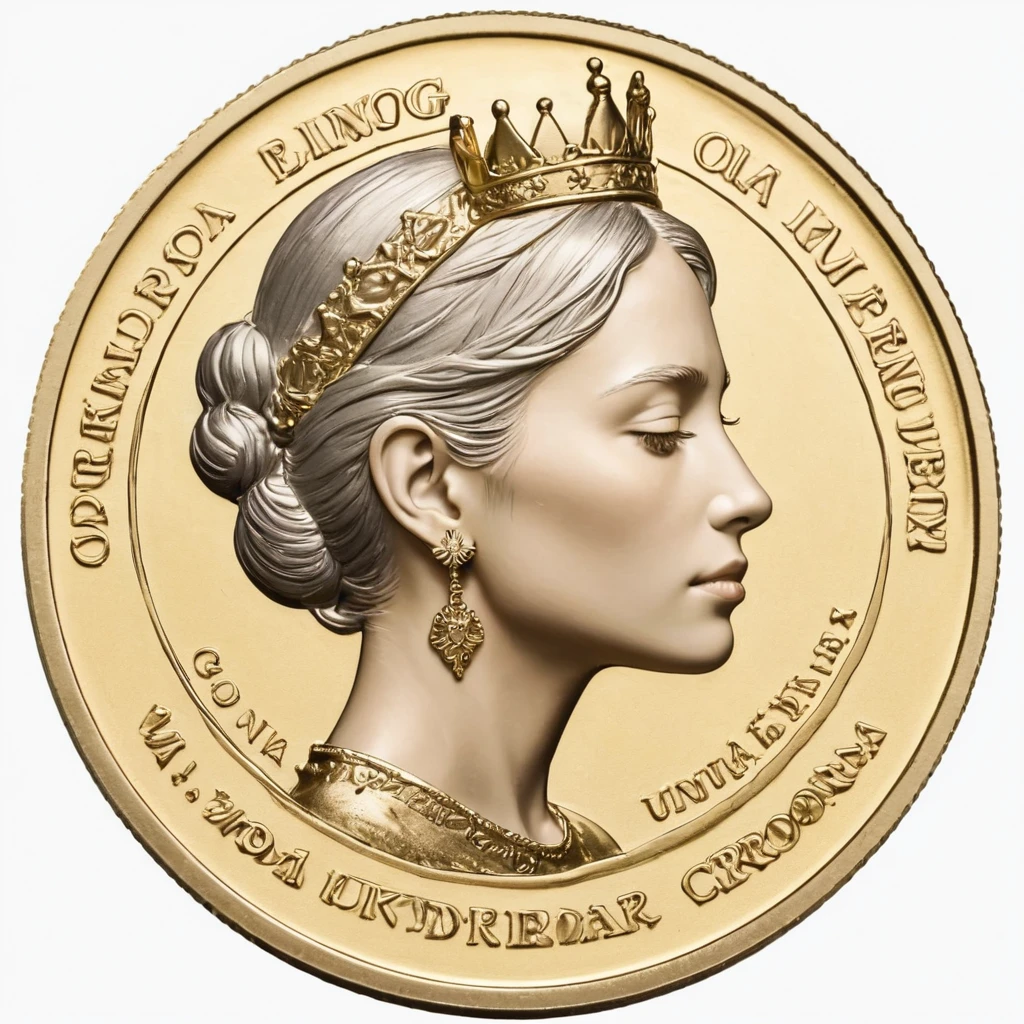 Moneda dorada con detalles plateados con una imagen una monarca de perfil (mujer) con corona
Con la frase: "Cydaneria Kingdom"