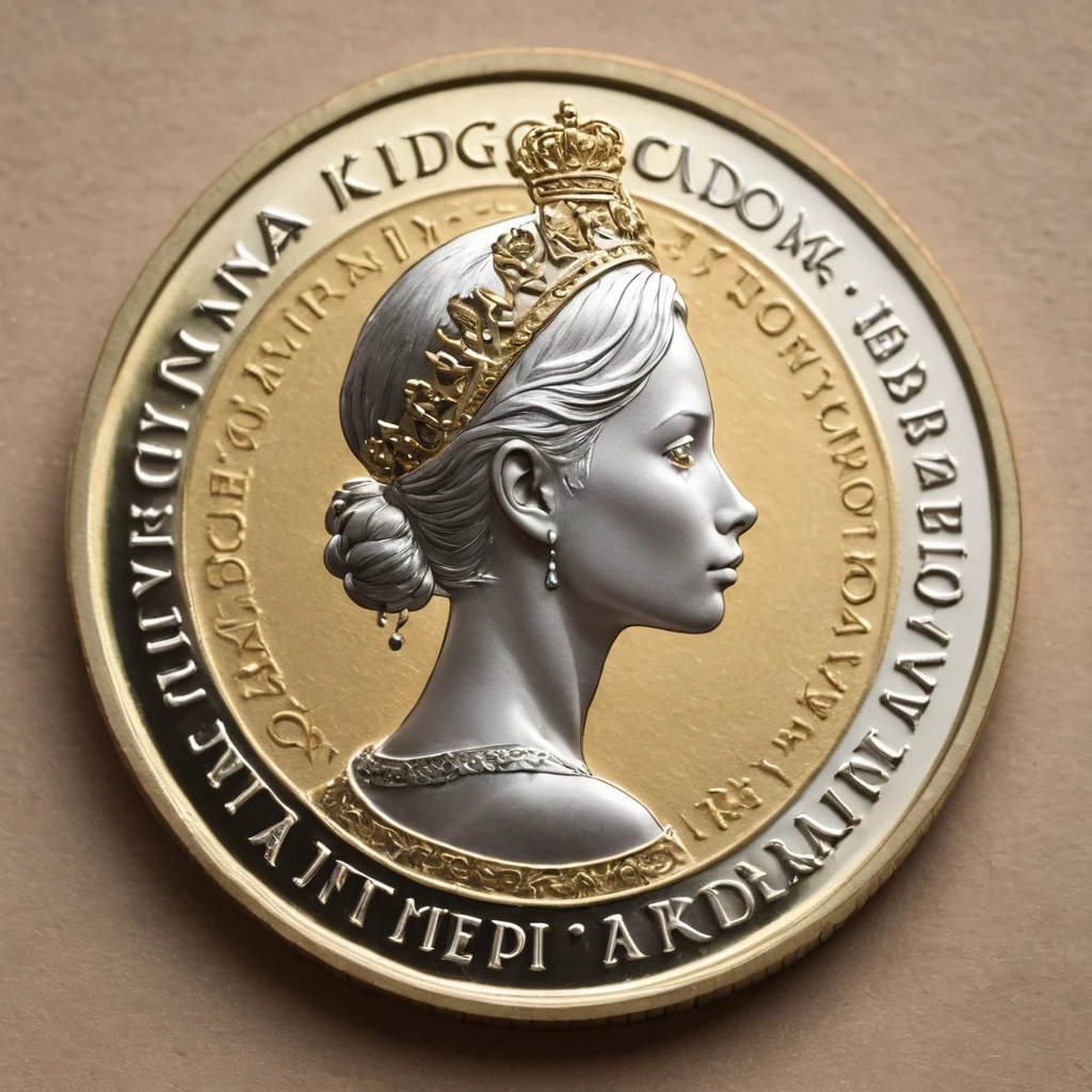 Moneda dorada con detalles plateados con una imagen una monarca de perfil (mujer) con corona
Con la frase: "Cydaneria Kingdom"
