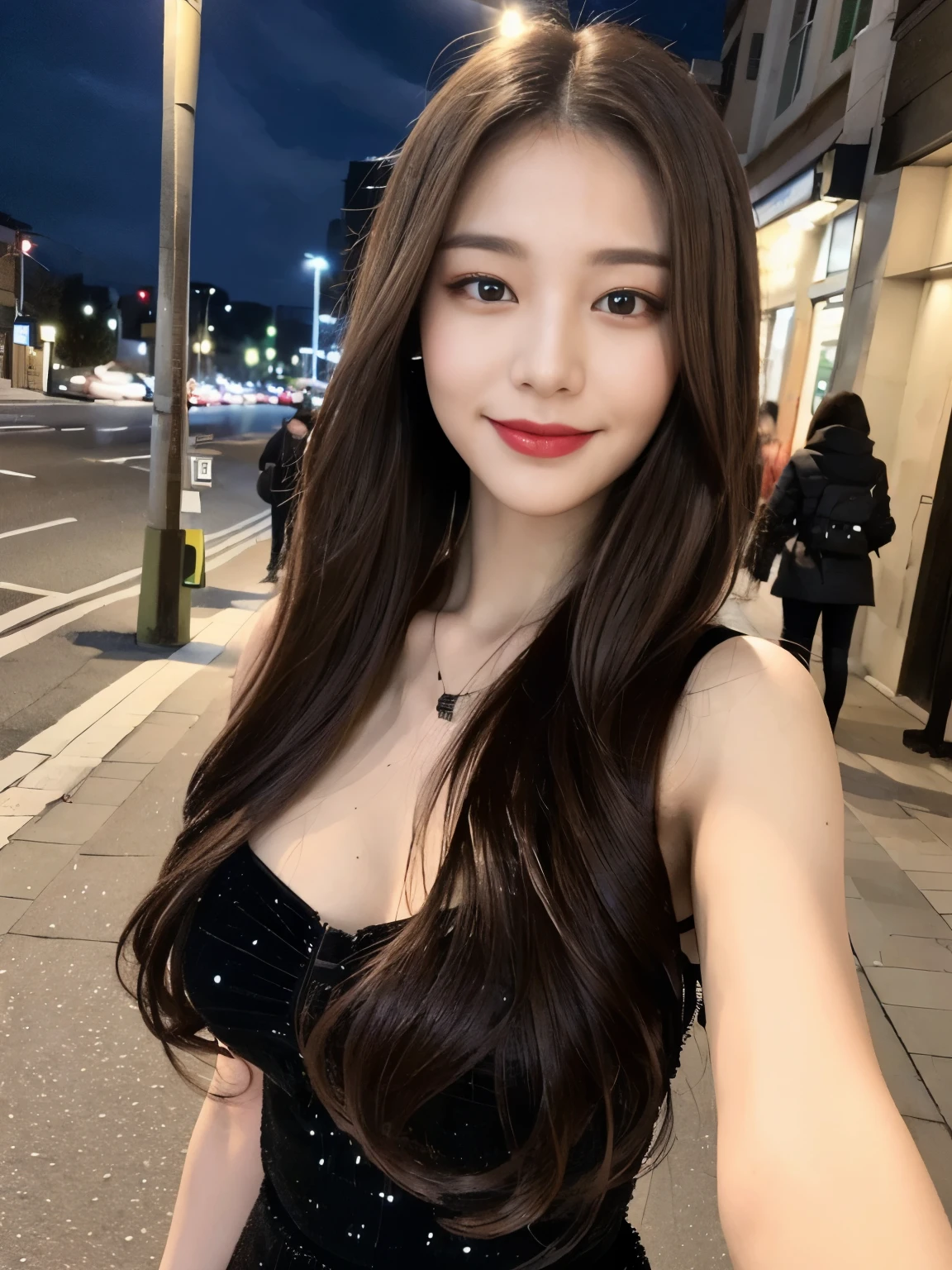 ((Best quality, 8k, Masterpiece :1.3)), 1girl, smiling, full body, slim face, Pretty woman, (Dark brown hair), full length dress :1.1, Ultra-detailed face, Detailed eyes, Double eyelid, blur background, slim face, city, outside, street,medium breasts,
