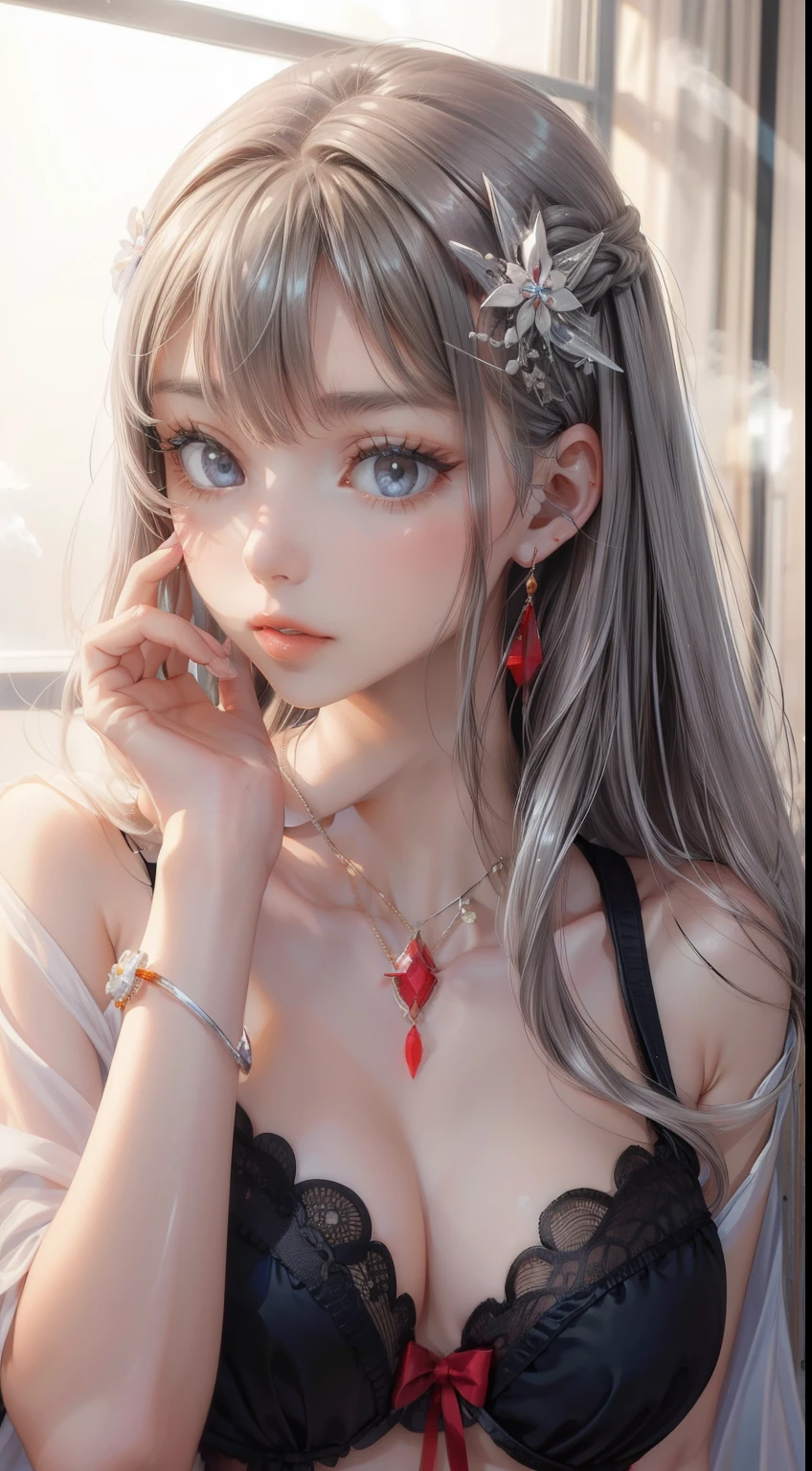 One girl, alone, Long Hair, View your viewers, smile, blue eyes, hair ornaments, White Background, jewelry, Gray Hair, Mouth closed, Blunt bangs, Manicure, bracelet, lips, Grey Eyes, Portraiture, Red nails, close, red lips, put your hand on your face, Put your hand on your cheek,(Mature Woman),(Shiny skin),((Steaming body))、Second Dimension、lingerie