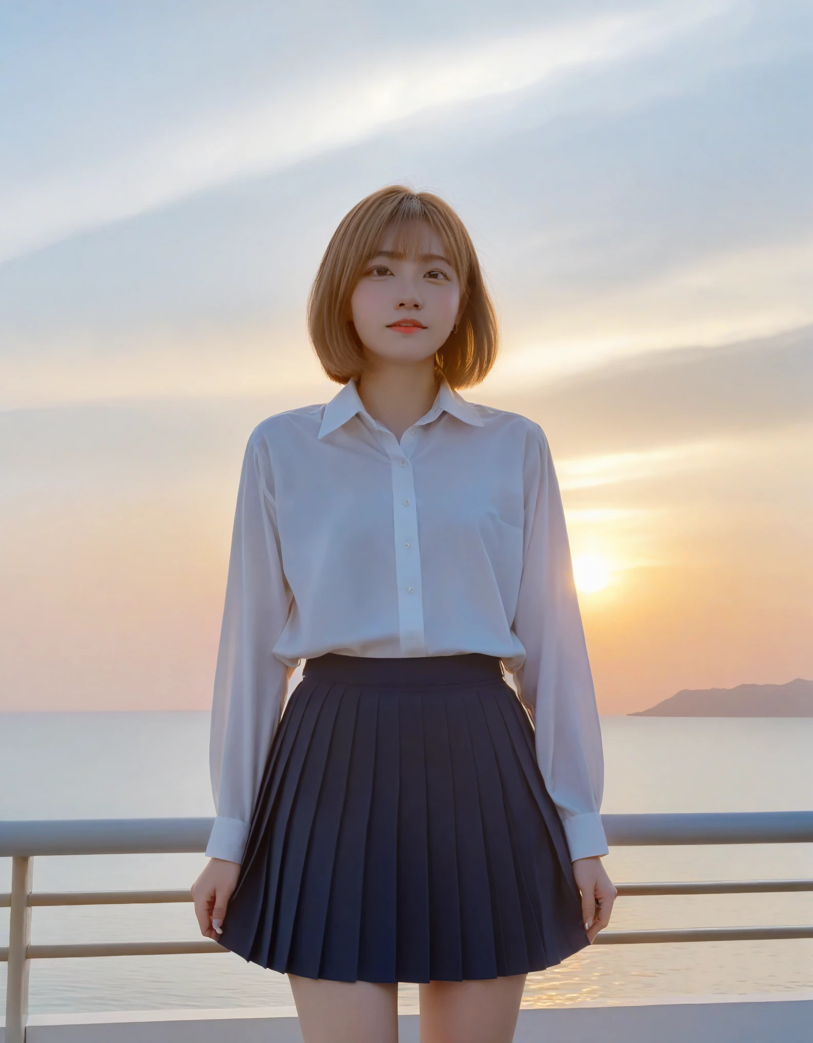 Digital art, modern era, low angle shot, cinematic style,
A young woman in a school uniform, light brown medium bob hair, wearing a white blouse and pleated skirt,
Standing with legs apart, blushing, gazing directly into the camera,
Set against an orange sunset sky over the sea, with the sun and clouds in the background.
Soft, natural lighting, Sony camera, 85mm lens, F1.4 aperture.