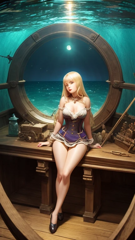 William Timlin, Frederick Sands Brunner, Ernst Kreidolf, Surreal, mysterious, strange, fantastical, fantasy, Sci-fi, Japanese anime, observatory, shipwreck, bathing hut, sea orchestra, flying demon magic, crystal ball, diorama, blonde miniskirt beautiful girl Alice, perfect voluminous body, detailed masterpiece Hyper realistic sharp focus cinematic lighting coquettish shy embarrassing blushing happy real