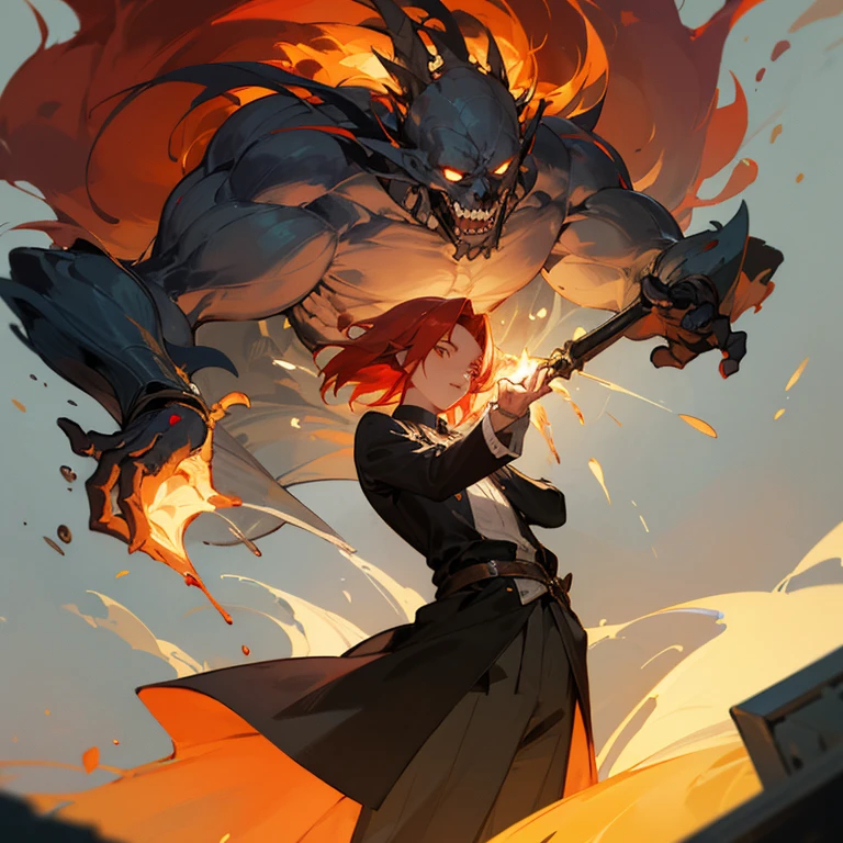 I am a nineteen-year-old young man., He had fiery red hair and a necromancer's staff, his fiery red hair flowing down to his shoulders.., A sharp contrast to the typical black or brown shades of its peers.. In his hands, he held a wooden cane, Decorated with ancient symbols and amulets to manipulate the supernatural world of hair.. His intense eyes hinted at the power hidden within him.., Makes onlookers interesting and cautious.. He wore a simple tunic., reveal something strong, strong muscles in the arms, Sprinkling the ashes of the burnt offering. his eyes shined