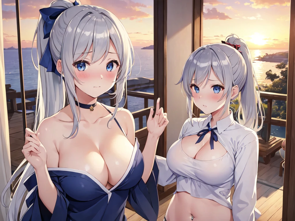 (((masterpiece))), ShizukaMikazuki, One Girl, alone, View your viewers, Long Hair, Gray Hair, Long sleeve, Cleavage, Large Breasts, Mature Body,clavicle,Clear blue eyes, High Ponytail, The look of temptation,Embarrassed face, Blushing ,Play sports often,Belly button exposed ,Silver navel piercing,Navy blue head ribbon, Surprise and delight,Sunset view