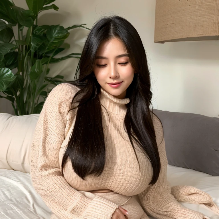 Super-detailed, 8k, Korean girl, 1 girl, 25 years old, long delicate dark hair, beautiful and perfect figure, busty body, curvy body, beautiful face, detailed face ,detailed eyes, double eyelids, large breast, thick thighs, large butt, lean abs, slight smile, long sleeve sweater and pant, eye-closed, lie-down on her side, sleeping in the bed