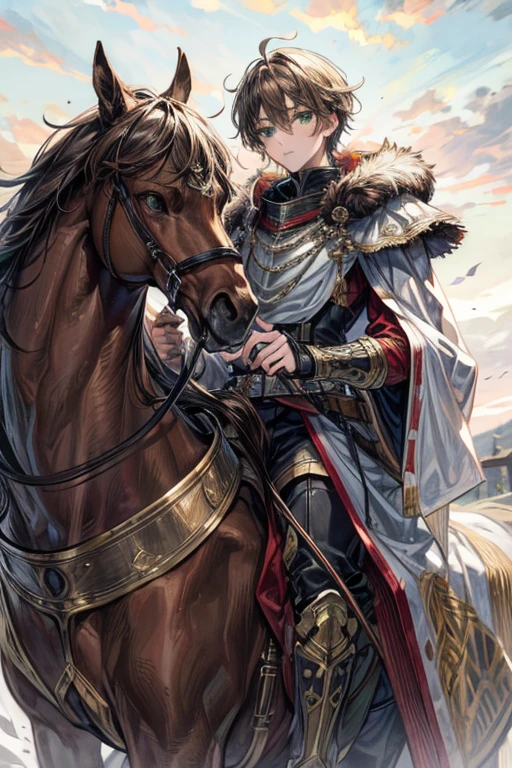 (masterpiece, best quality, perfect face, expressive eyes), 1boy, (anime), (male), (adult), sage green eyes, light brown hair, iron crown, riding a steed, brown fur cloak, hussar armor,