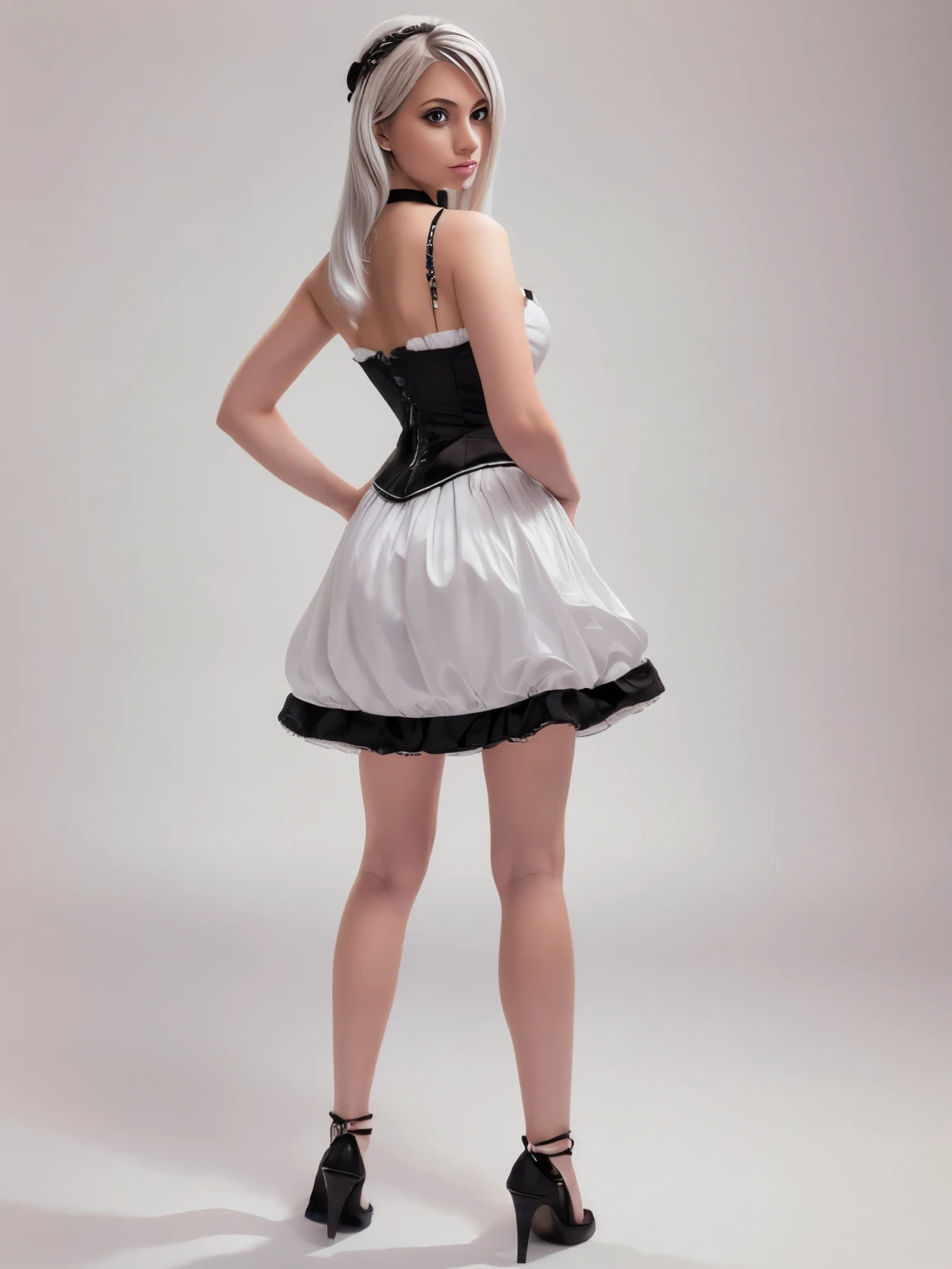 ((Masterpiece)), (highest quality))), (Character design sheet, national costume, same character, front, side, back), illustration, 1 girl, full body, silver hair, eye hair, beautiful eyes, princess cut, environmental change scene, short skirt, shyness, woman, girl, standing, goth , V-tuber, chartaan betarola, (simple background, white background: 1.3) ( Masterpiece:1.2), (Best Quality:1.3)