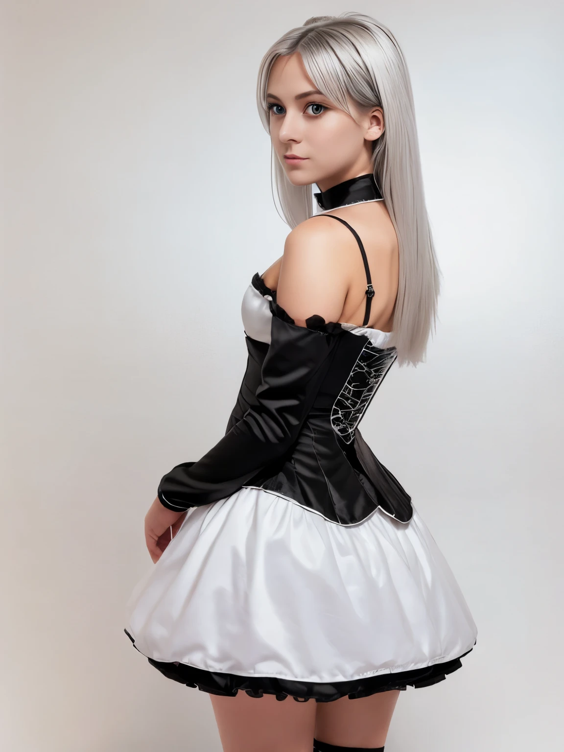 ((Masterpiece)), (highest quality))), (Character design sheet, national costume, same character, front, side, back), illustration, 1 girl, full body, silver hair, eye hair, beautiful eyes, princess cut, environmental change scene, short skirt, shyness, woman, girl, standing, goth , V-tuber, chartaan betarola, (simple background, white background: 1.3) ( Masterpiece:1.2), (Best Quality:1.3)