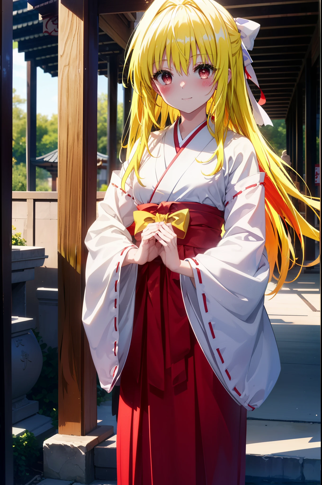 toloverumy, my, (Yellow Hair:1.5), Long Hair, (Red eyes:1.5), smile,blush, Embarrassing,White headband,Straight long hair,Platycodon grandiflorum,Miko, White kimono, kimono,Red Hakama,White tabi,Sandals, Wide sleeves, Long sleeve, Ribbon-trimmed sleeves, Daytime,Clear skies,
とてもLong Hair,
Watching the audience, Are standing,
break outdoors, shrine,torii,
break looking at viewer, (Cowboy Shot:1.5),
break (masterpiece:1.2), highest quality, High resolution, unity 8k wallpaper, (shape:0.8), (Beautiful details:1.6), Highly detailed face, Perfect lighting, Extremely detailed CG, (Perfect hands, Perfect Anatomy),